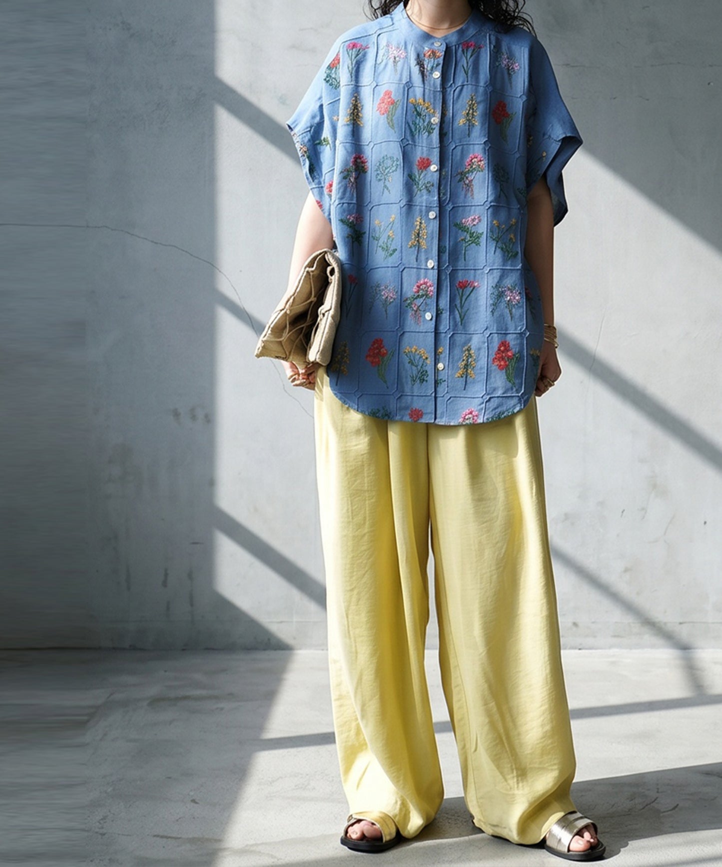 Band Collar Floral Embroidered Shirt Ladies