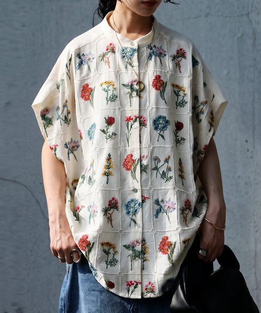 Band Collar Floral Embroidered Shirt Ladies