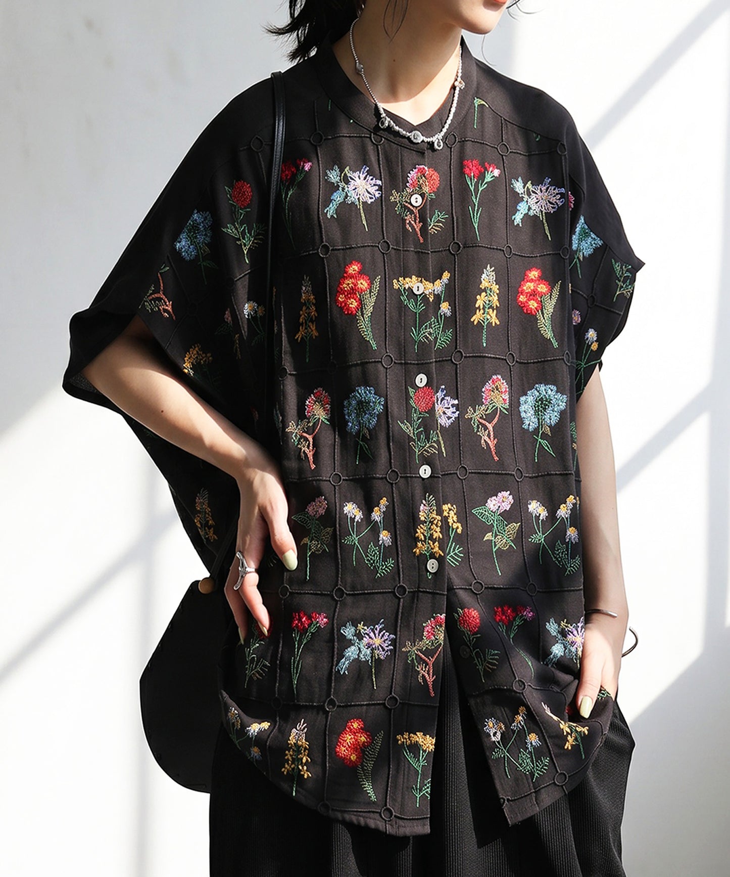 Band Collar Floral Embroidered Shirt Ladies