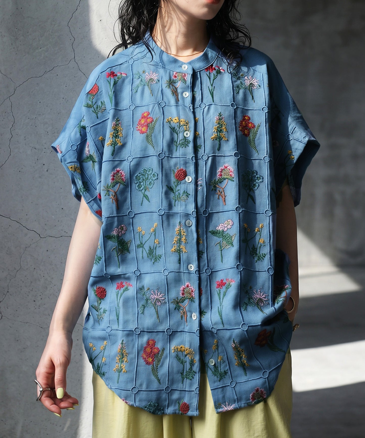 Band Collar Floral Embroidered Shirt Ladies
