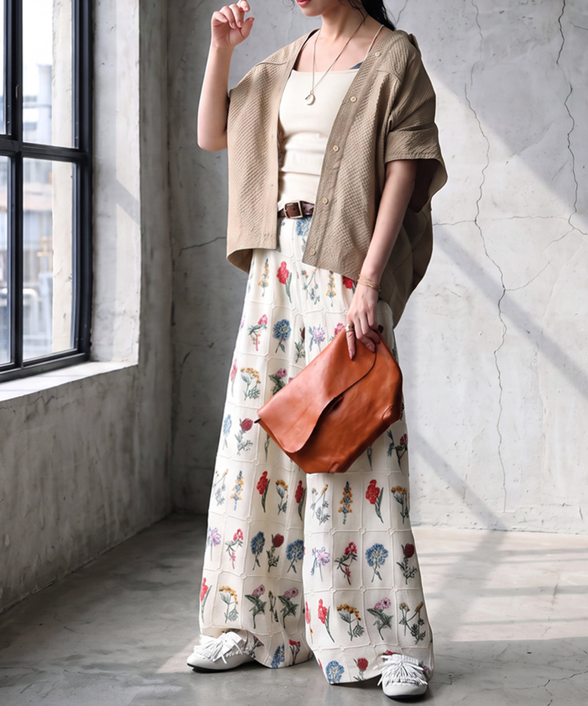 Flower Embroidered Wide-Leg Pants Ladies
