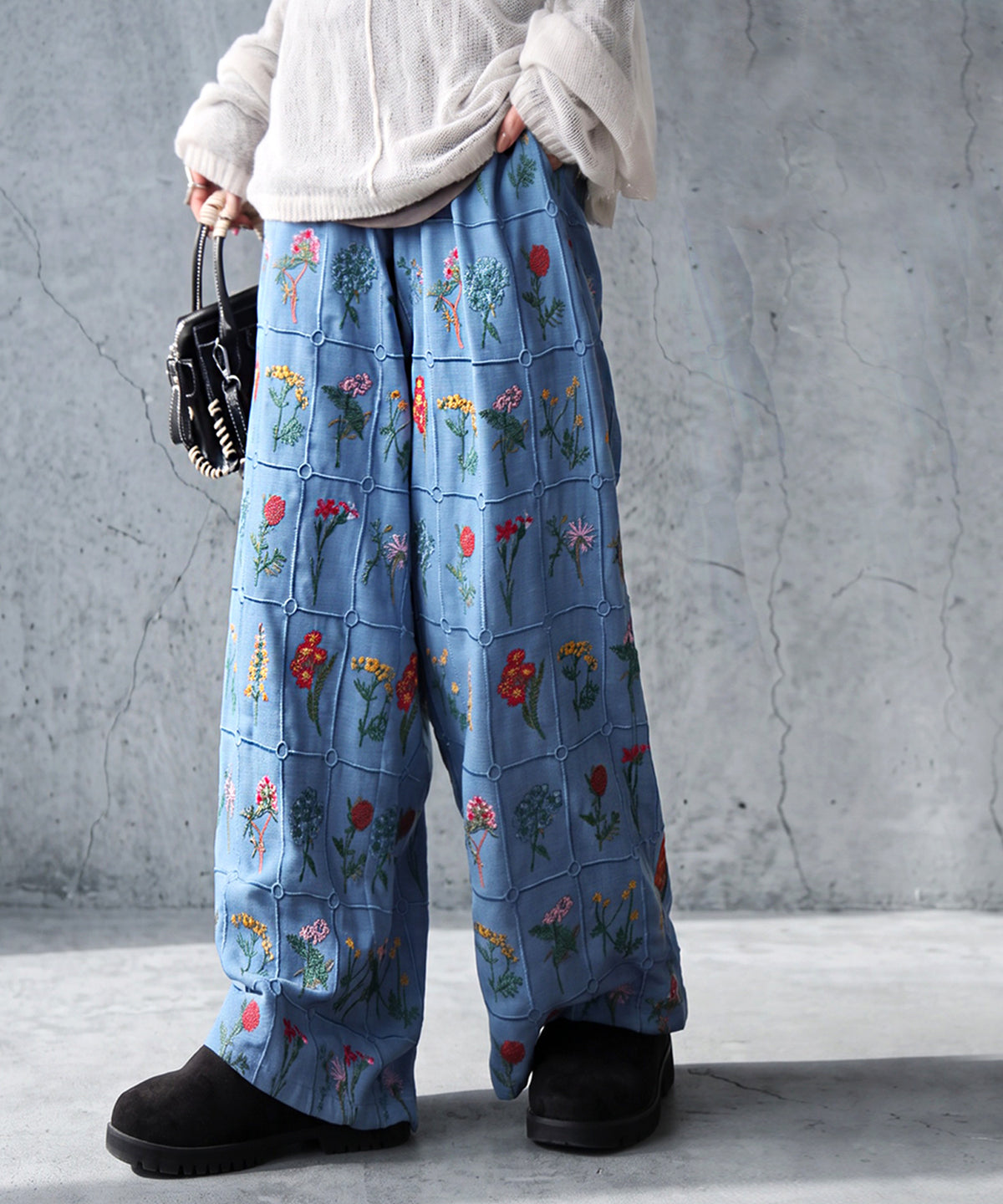 Flower Embroidered Wide-Leg Pants Ladies