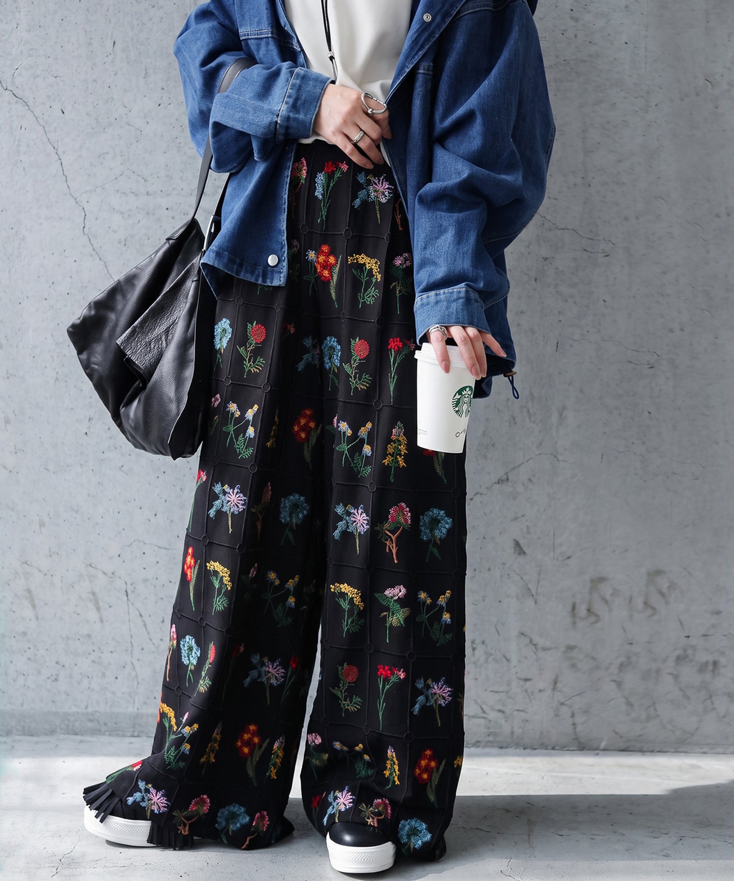 Flower Embroidered Wide-Leg Pants Ladies