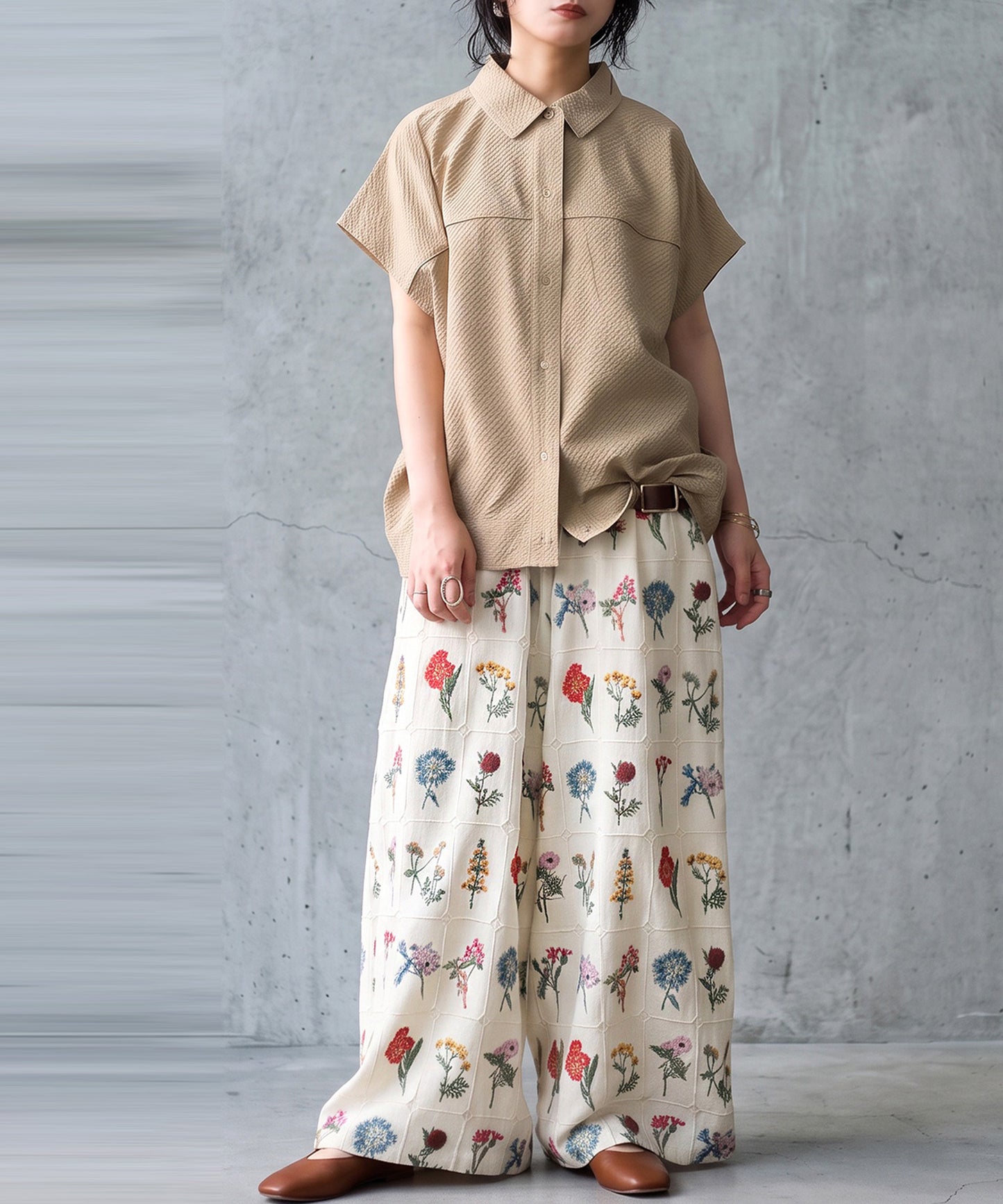 Flower Embroidered Wide-Leg Pants Ladies