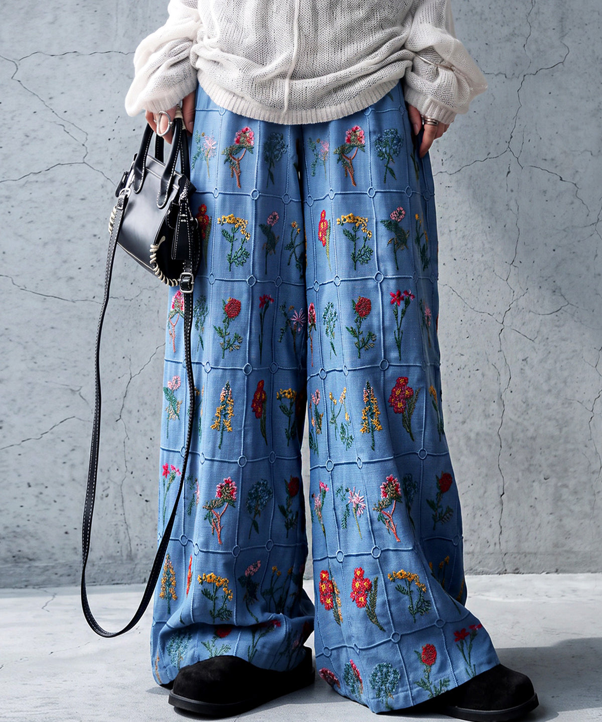 Flower Embroidered Wide-Leg Pants Ladies