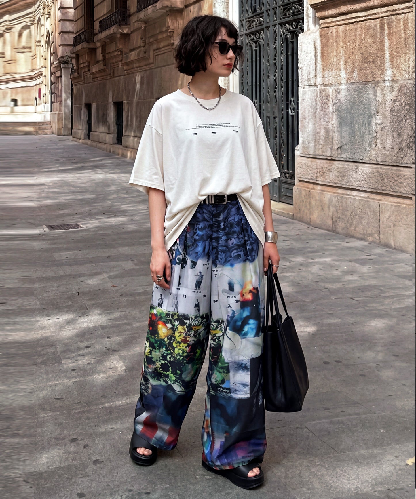 Color-Block Print Long Wide Pants Ladies
