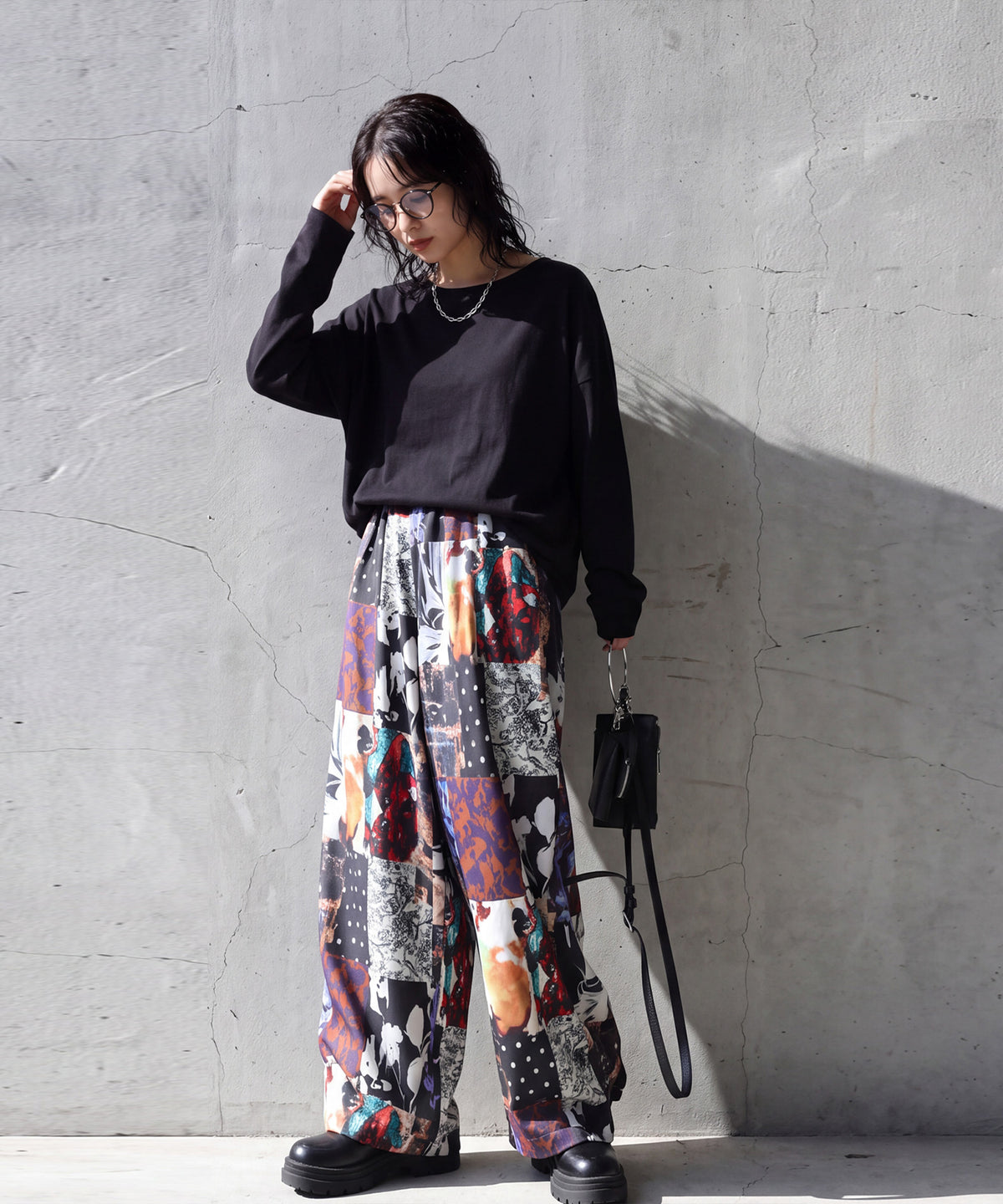 Color-Block Print Long Wide Pants Ladies