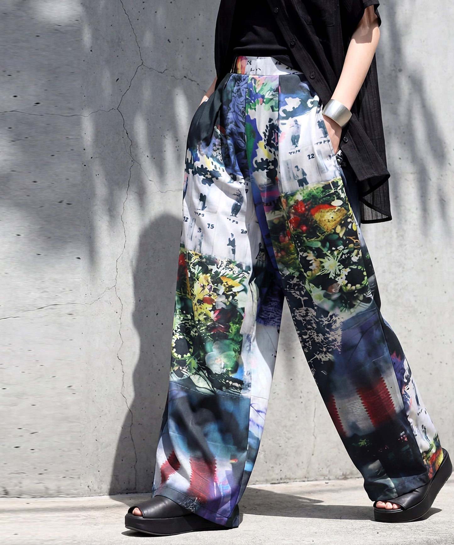 Color-Block Print Long Wide Pants Ladies