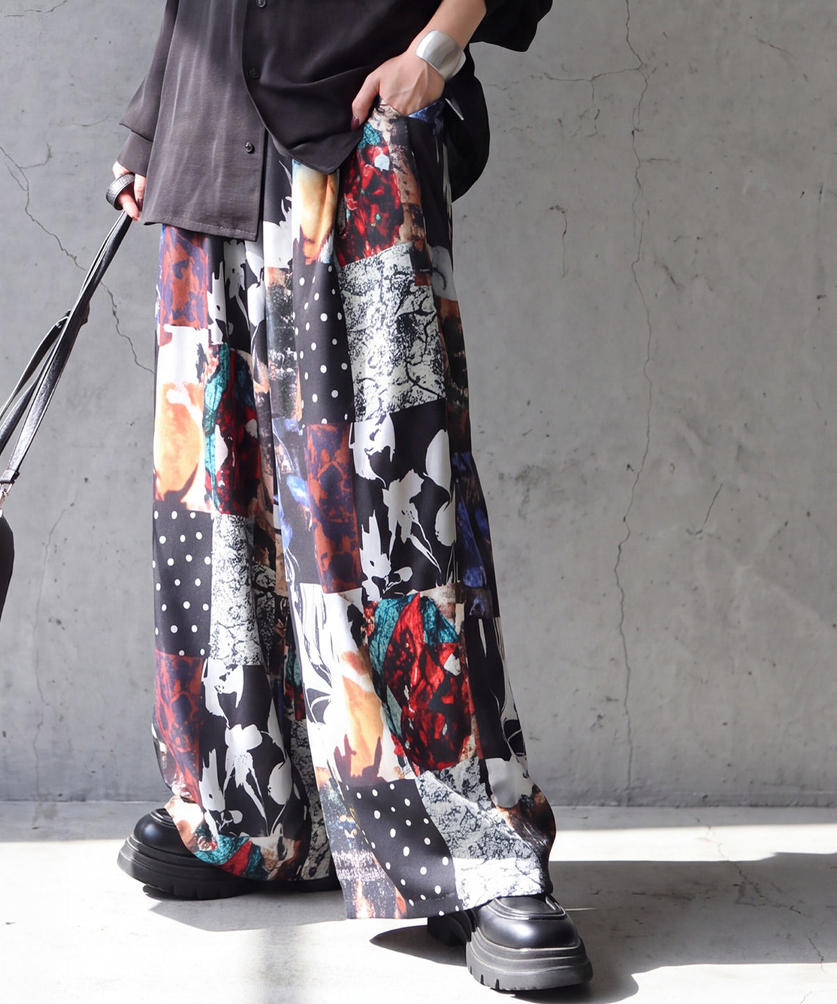 Color-Block Print Long Wide Pants Ladies
