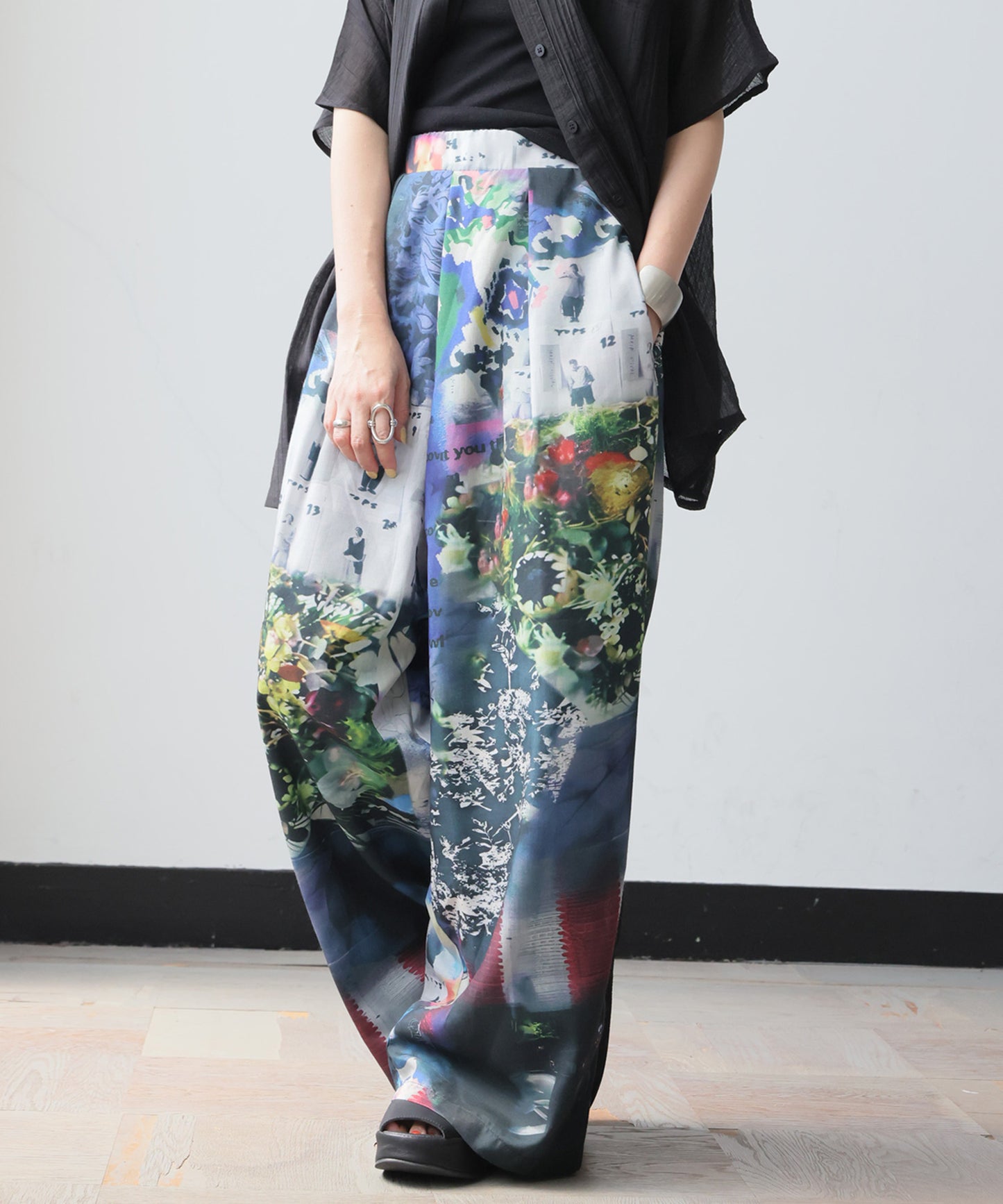 Color-Block Print Long Wide Pants Ladies