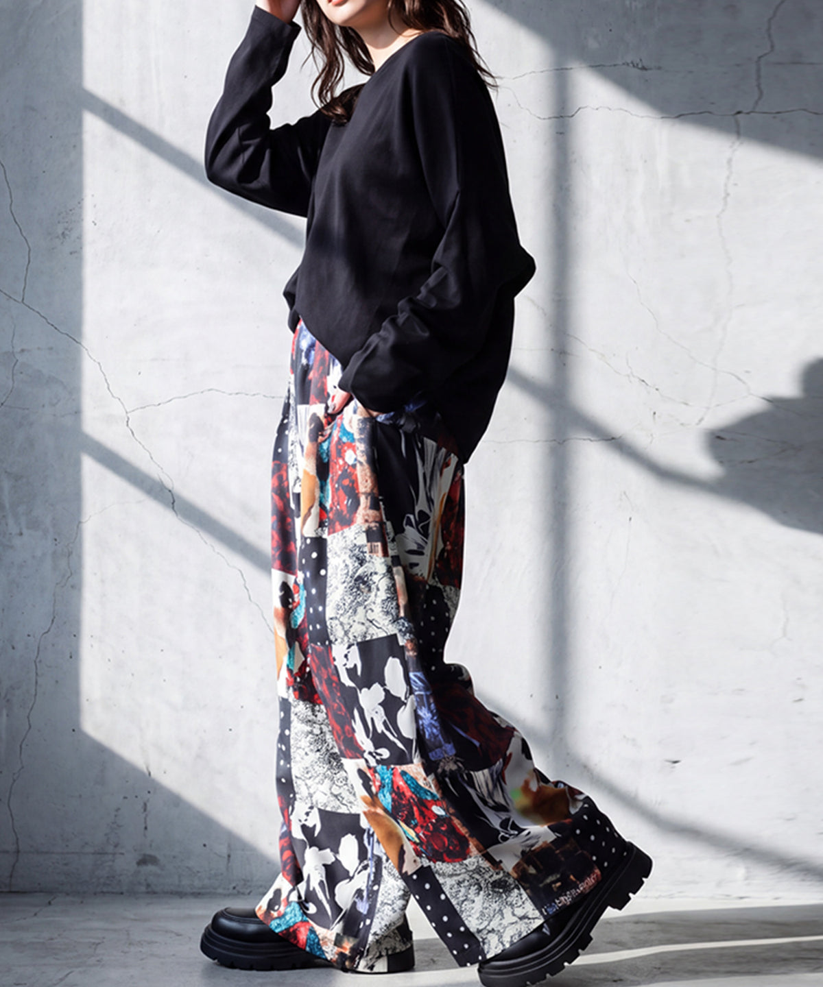 Color-Block Print Long Wide Pants Ladies