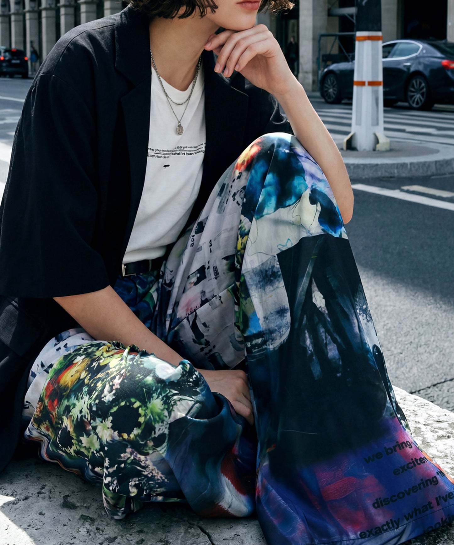 Color-Block Print Long Wide Pants Ladies
