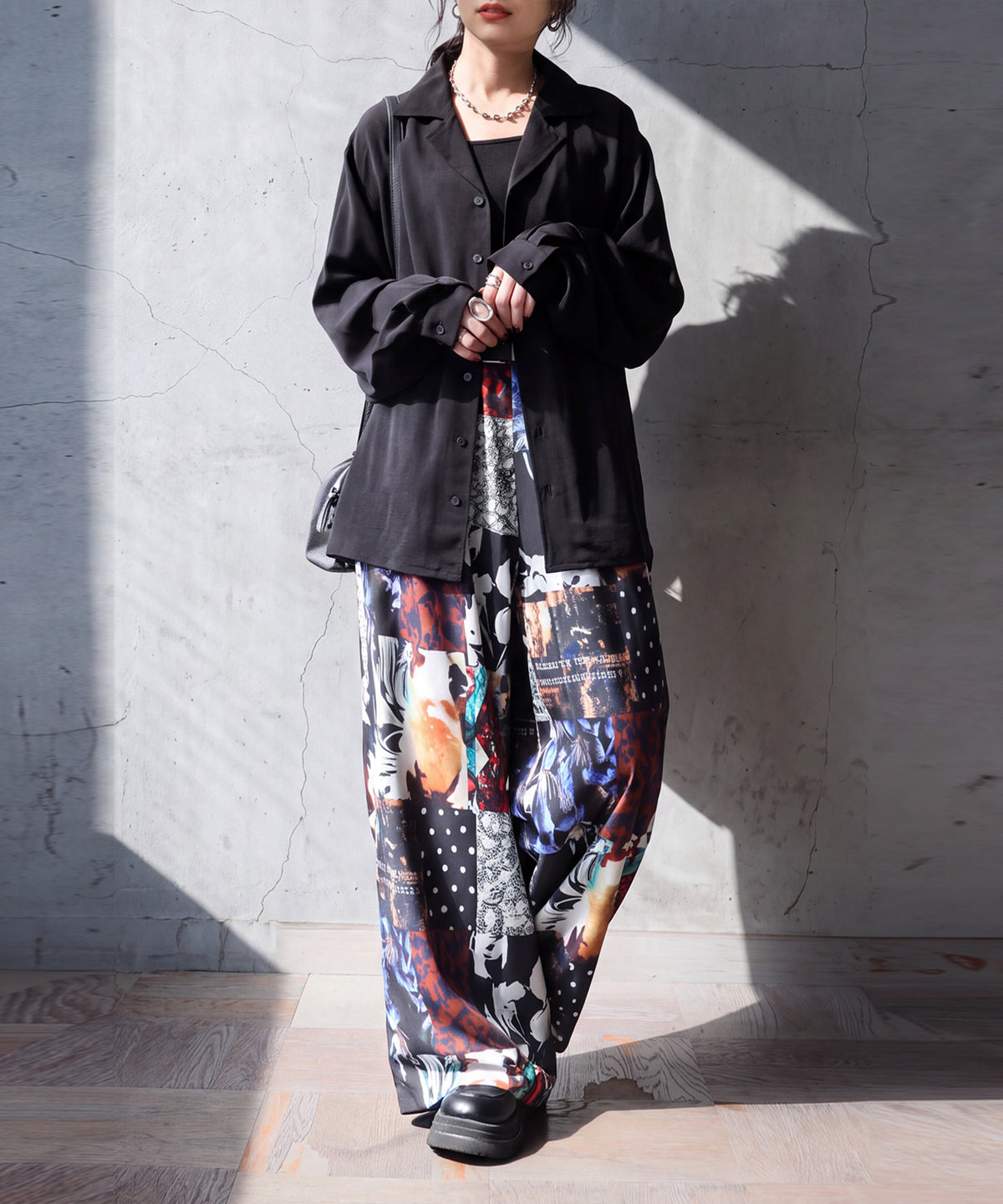Color-Block Print Long Wide Pants Ladies