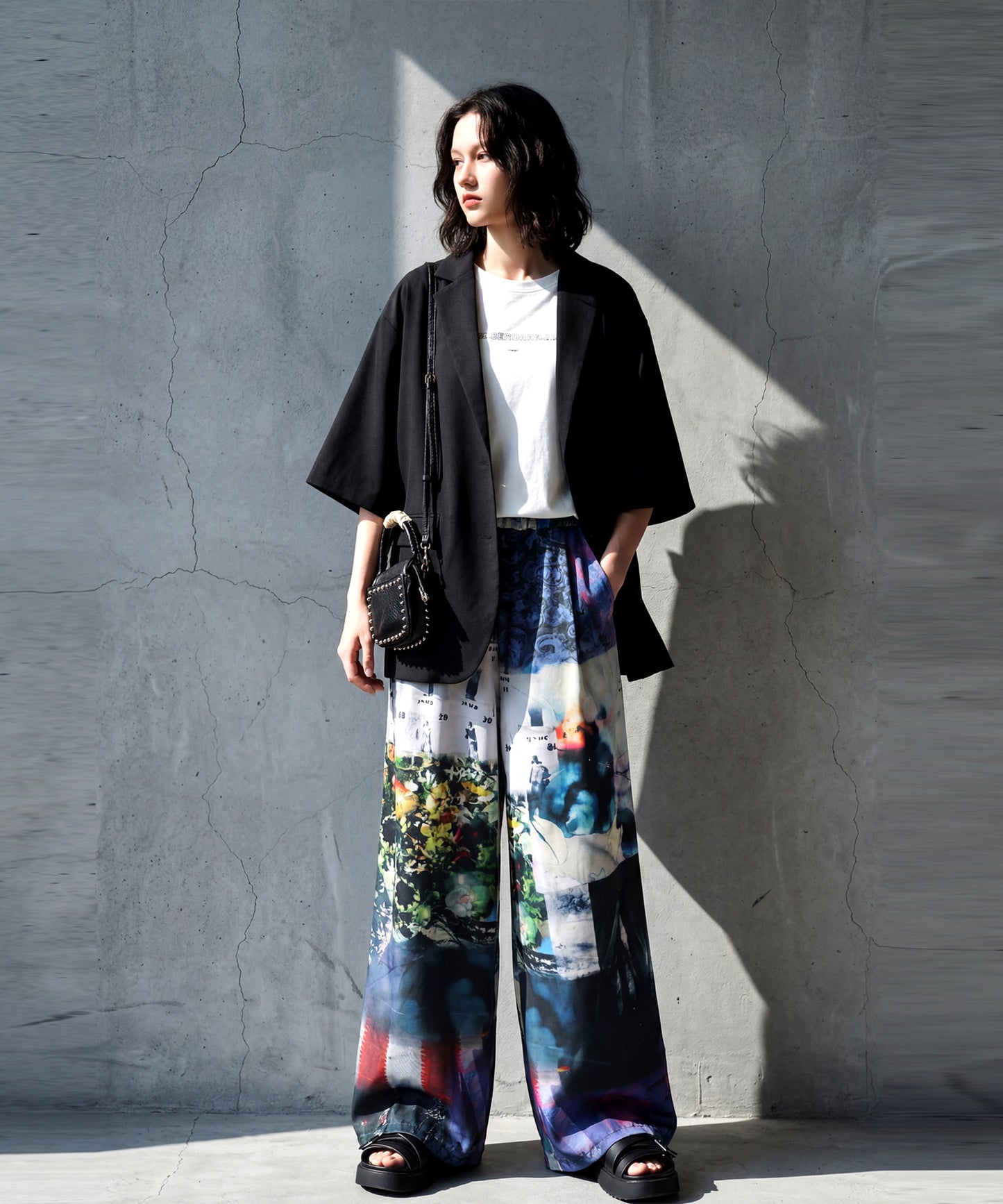 Color-Block Print Long Wide Pants Ladies