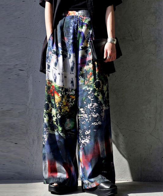 Color-Block Print Long Wide Pants Ladies