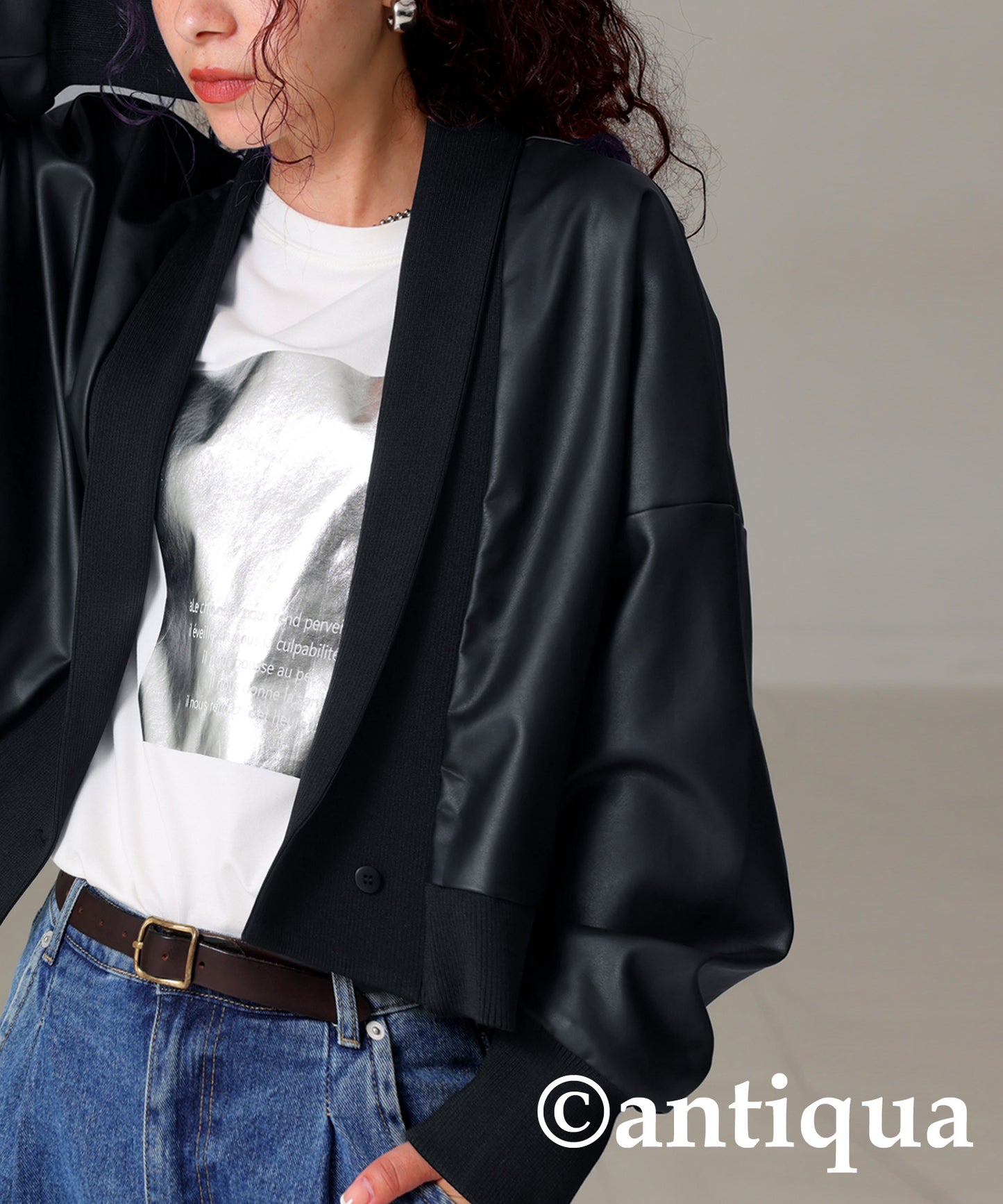 Collar Ribbed Vegan Leather Jacket Ladies