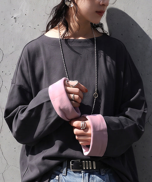 100% Cotton, Color-Block Sleeves, Boat Neck Long-Sleeve T-Shirt Ladies