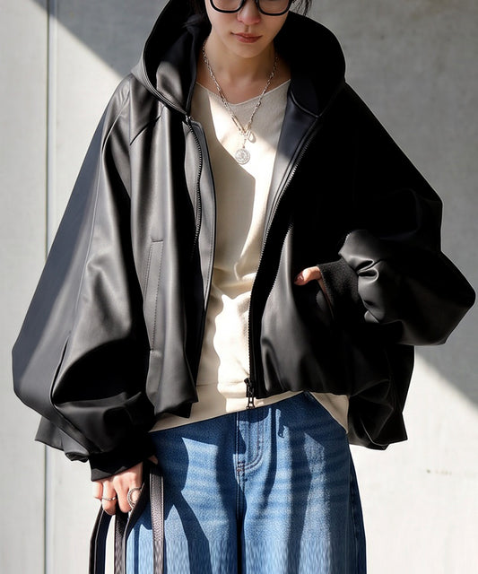 Hooded, Dolman-Sleeved, Short-Length Leather-Like Jacket Ladies
