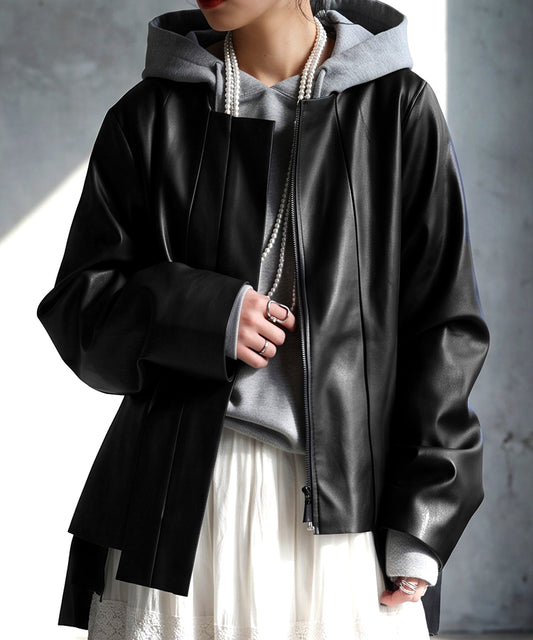 Collarless Faux Leather Pleated Jacket Ladies