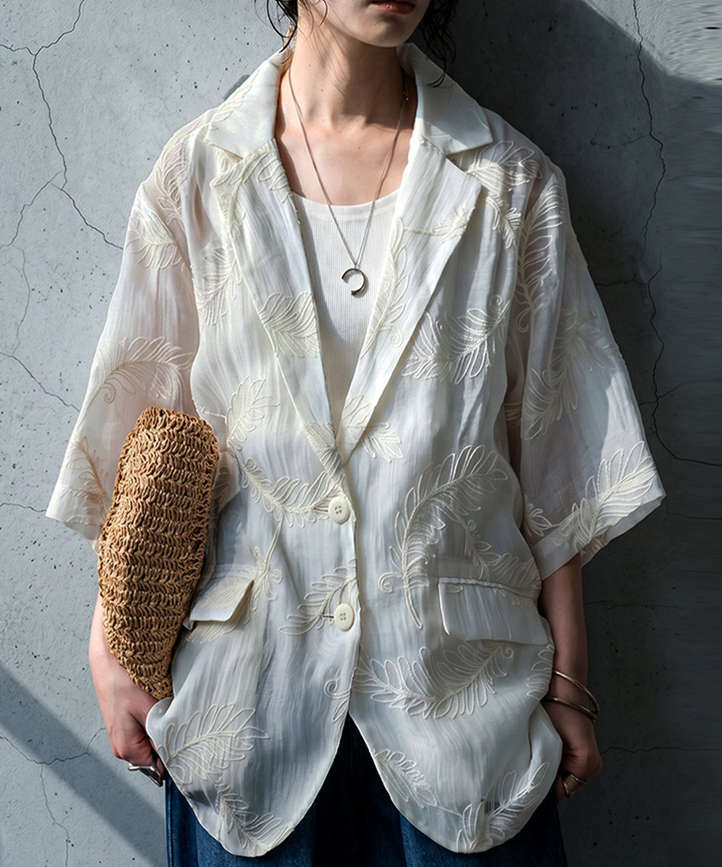 Leaf Pattern Embroidered Sheer Tailored Jacket Ladies