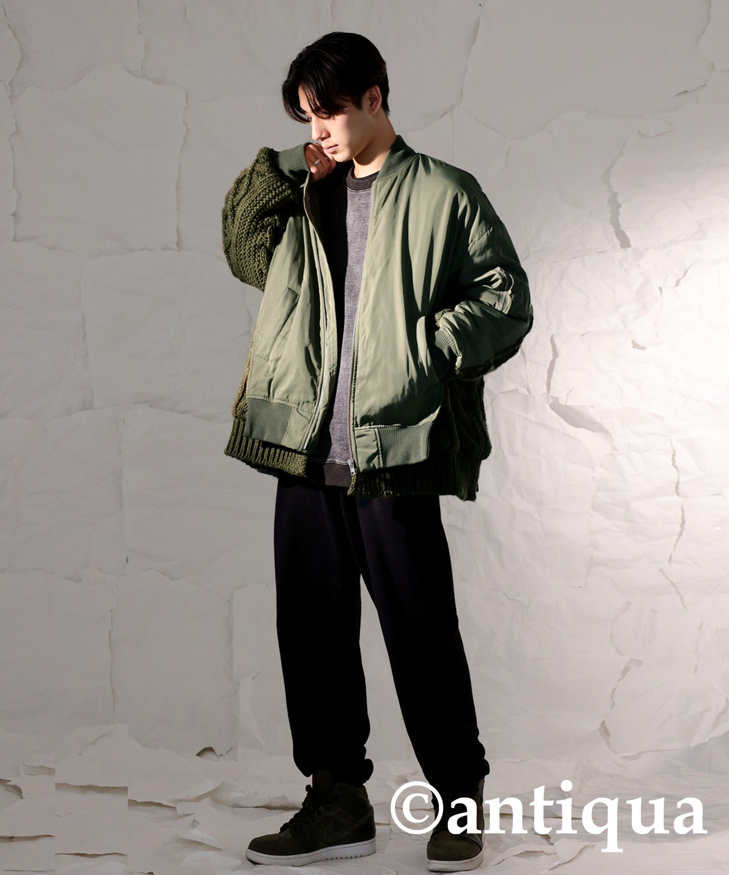 Layered like Men's quilting coat (MA-1) × cable knitting switchingdesign