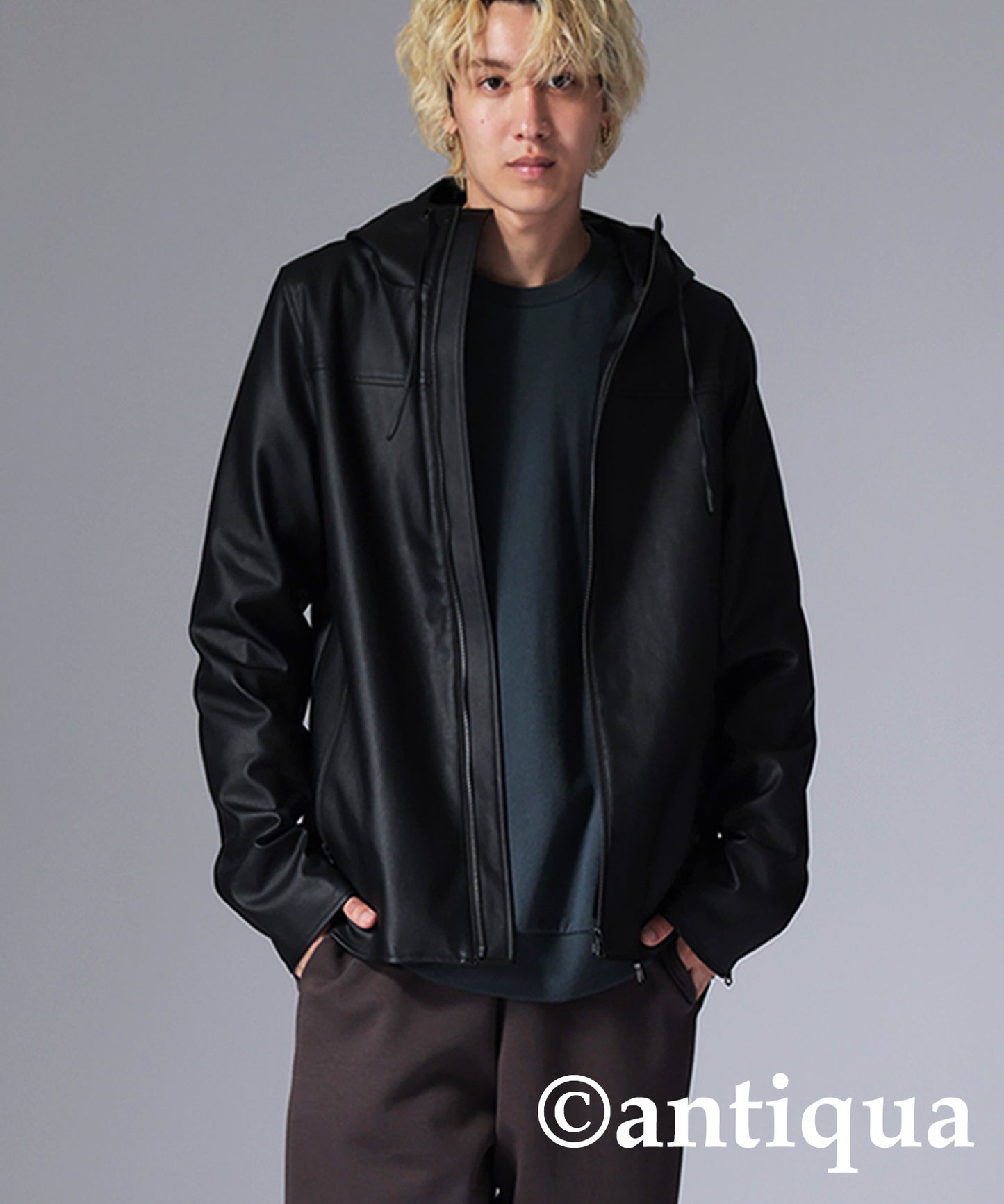 Men's leather jacket vegan leather with hood