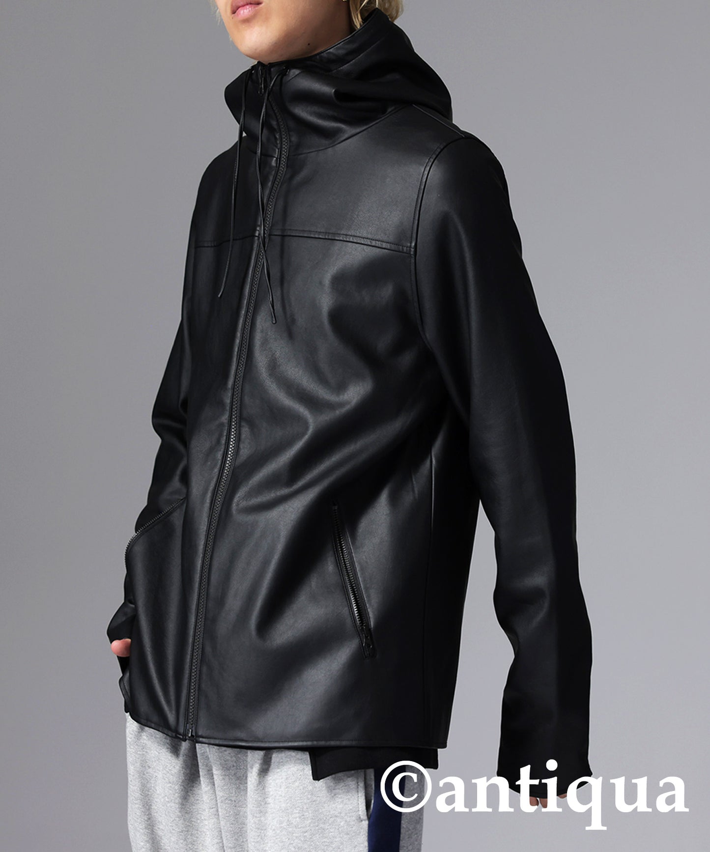 Men's leather jacket vegan leather with hood