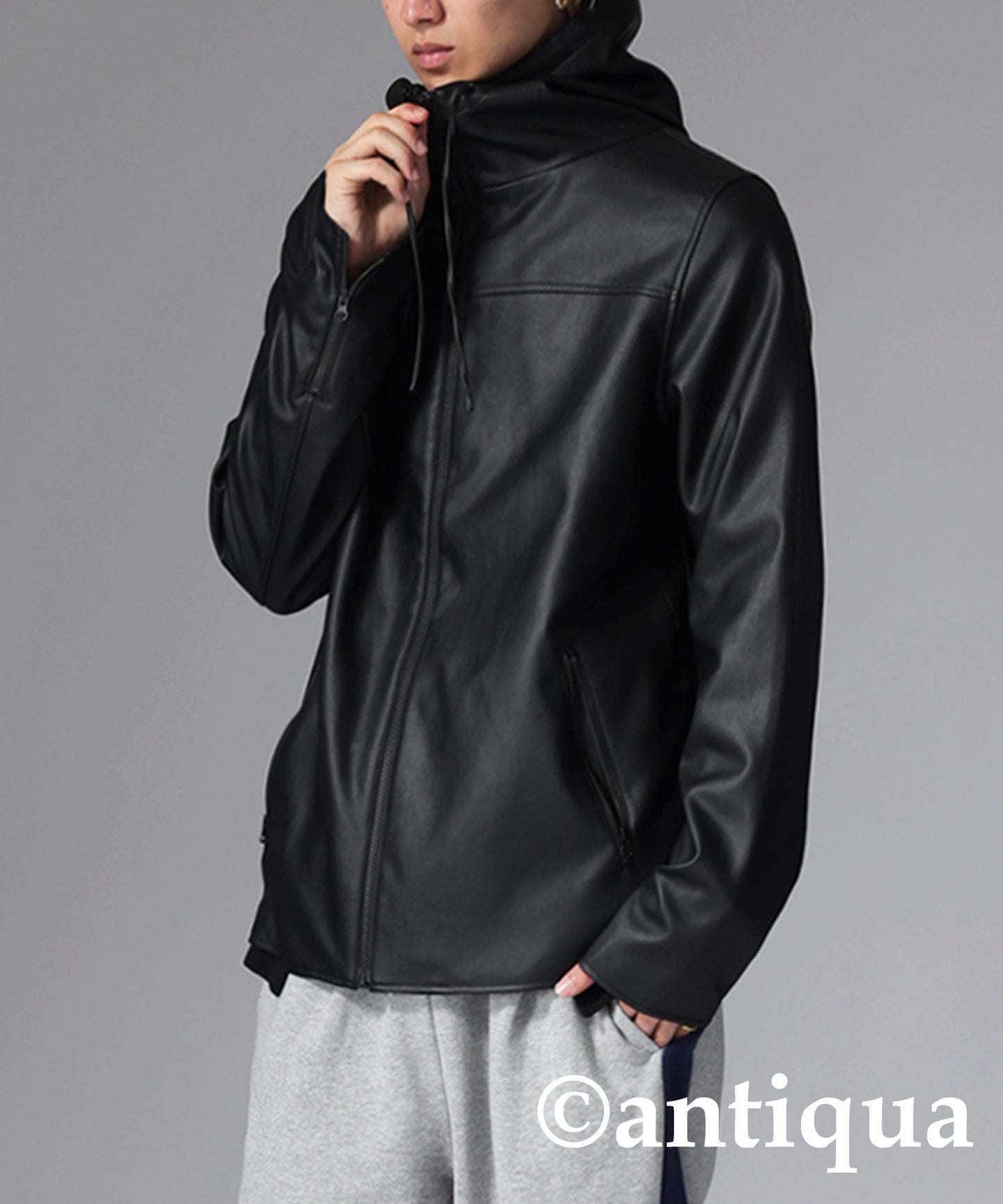 Men's leather jacket vegan leather with hood