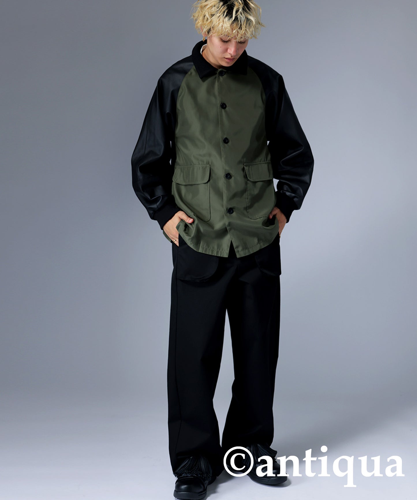 Men's Nyron and vegan leather switchingMilitary jacket