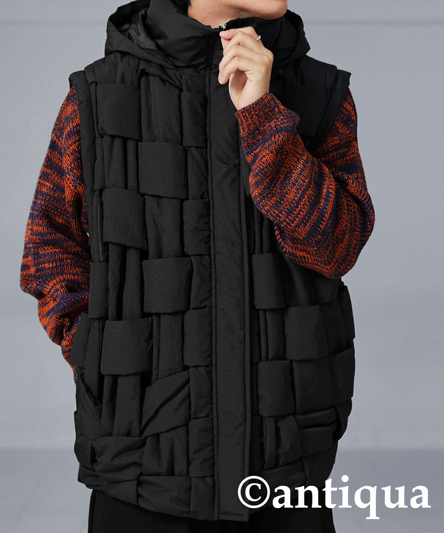 Block knitting down vest Men's