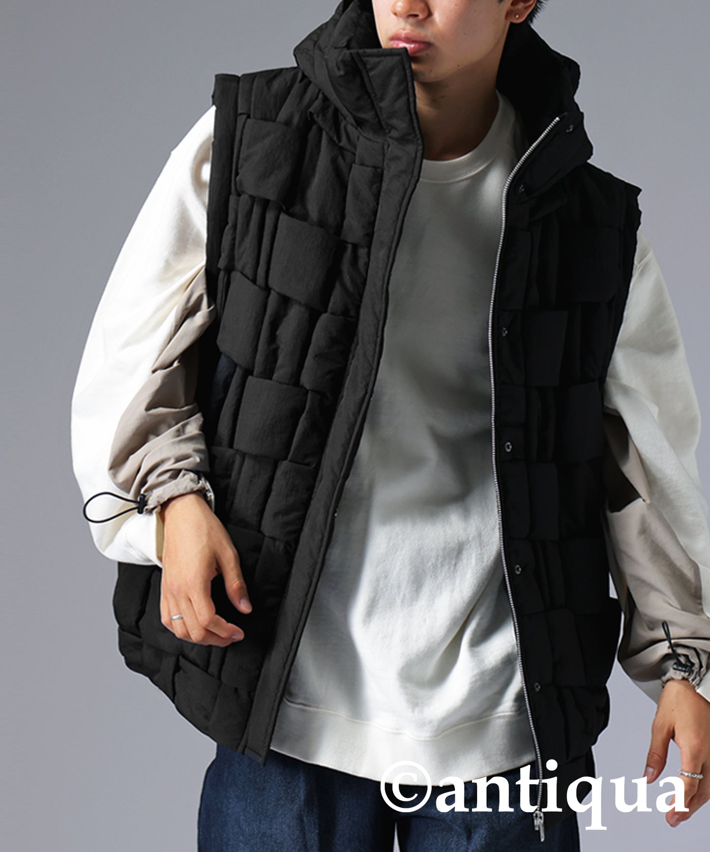 Block knitting down vest Men's