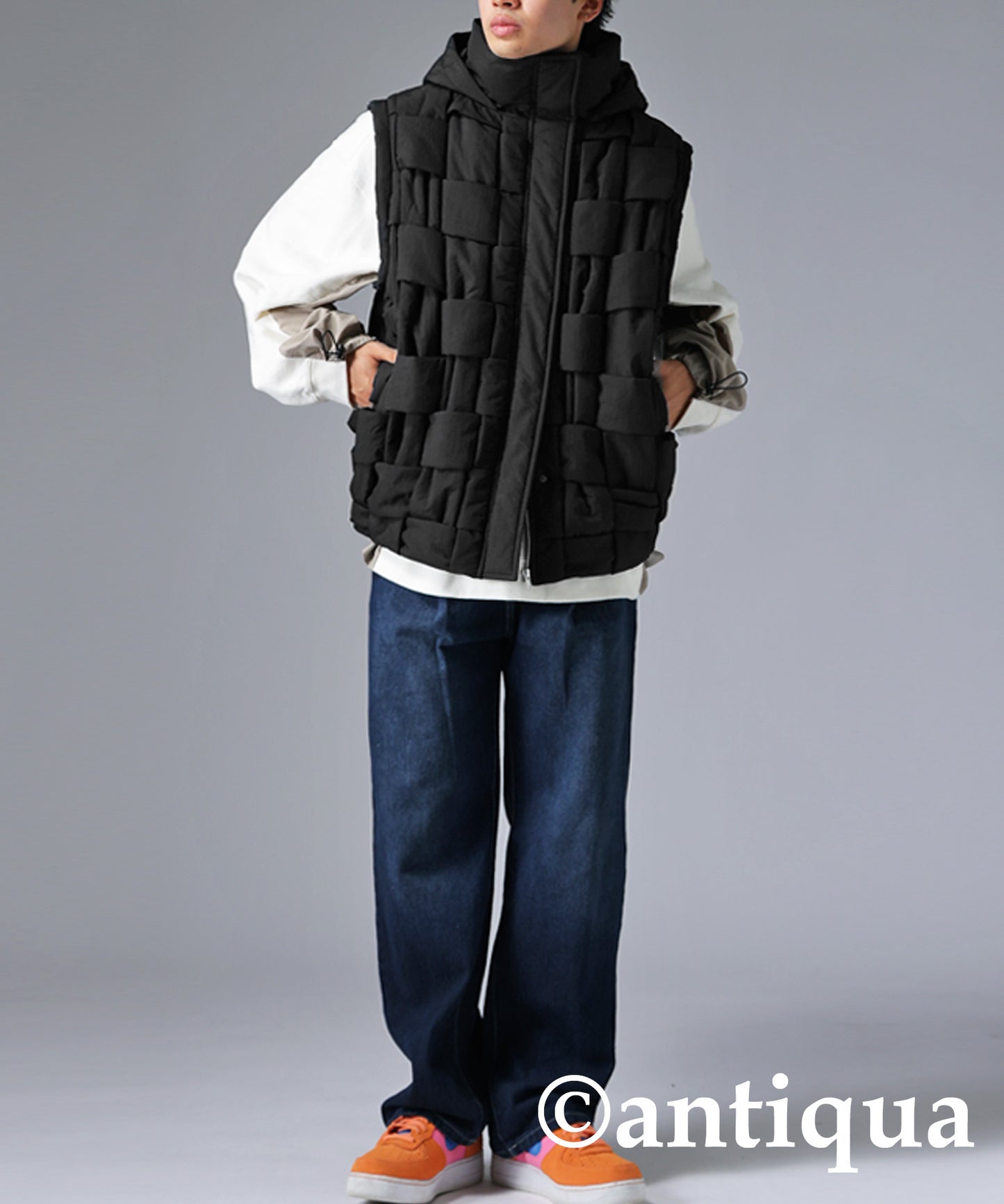 Block knitting down vest Men's