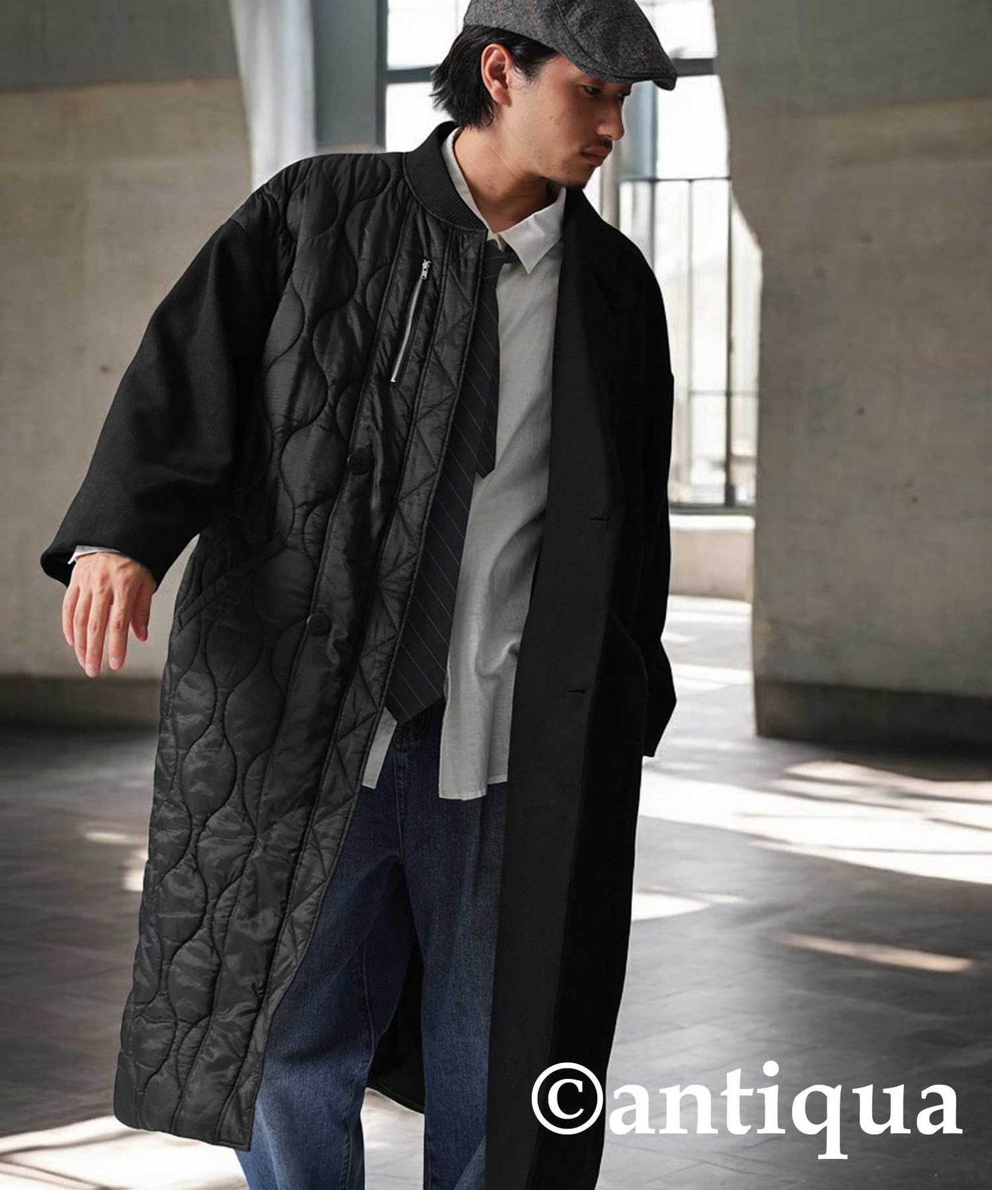 Spliced Quilted lLong Coat Men's