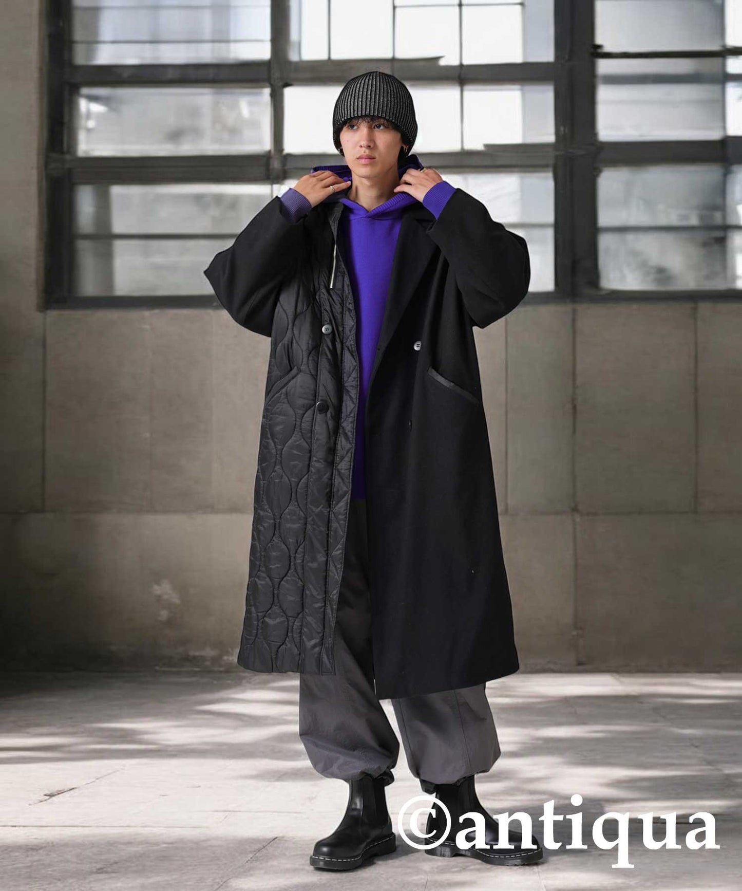 Spliced Quilted lLong Coat Men's