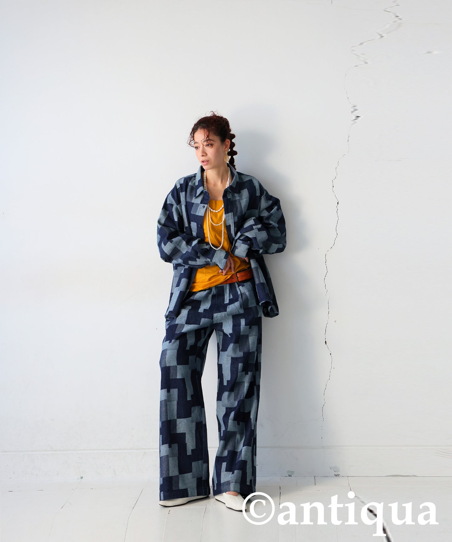 Geometric Pattern Denim Shirt Ladies