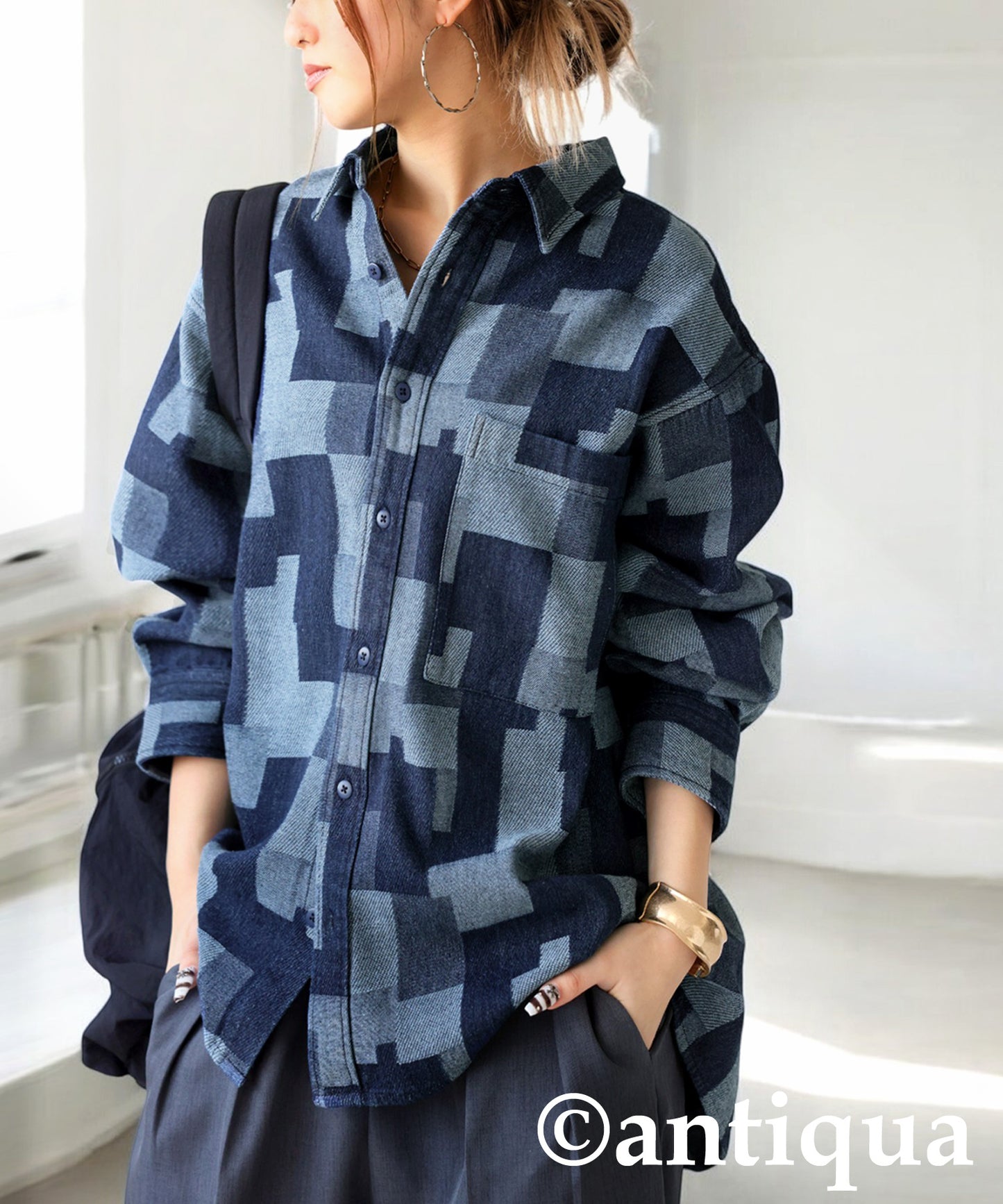 Geometric Pattern Denim Shirt Ladies
