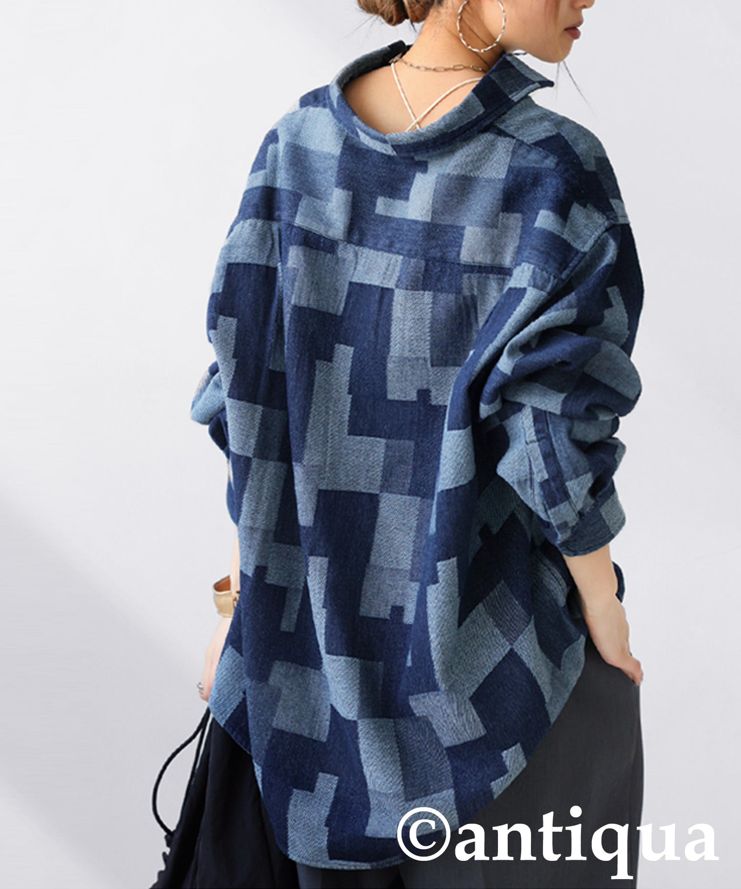 Geometric Pattern Denim Shirt Ladies
