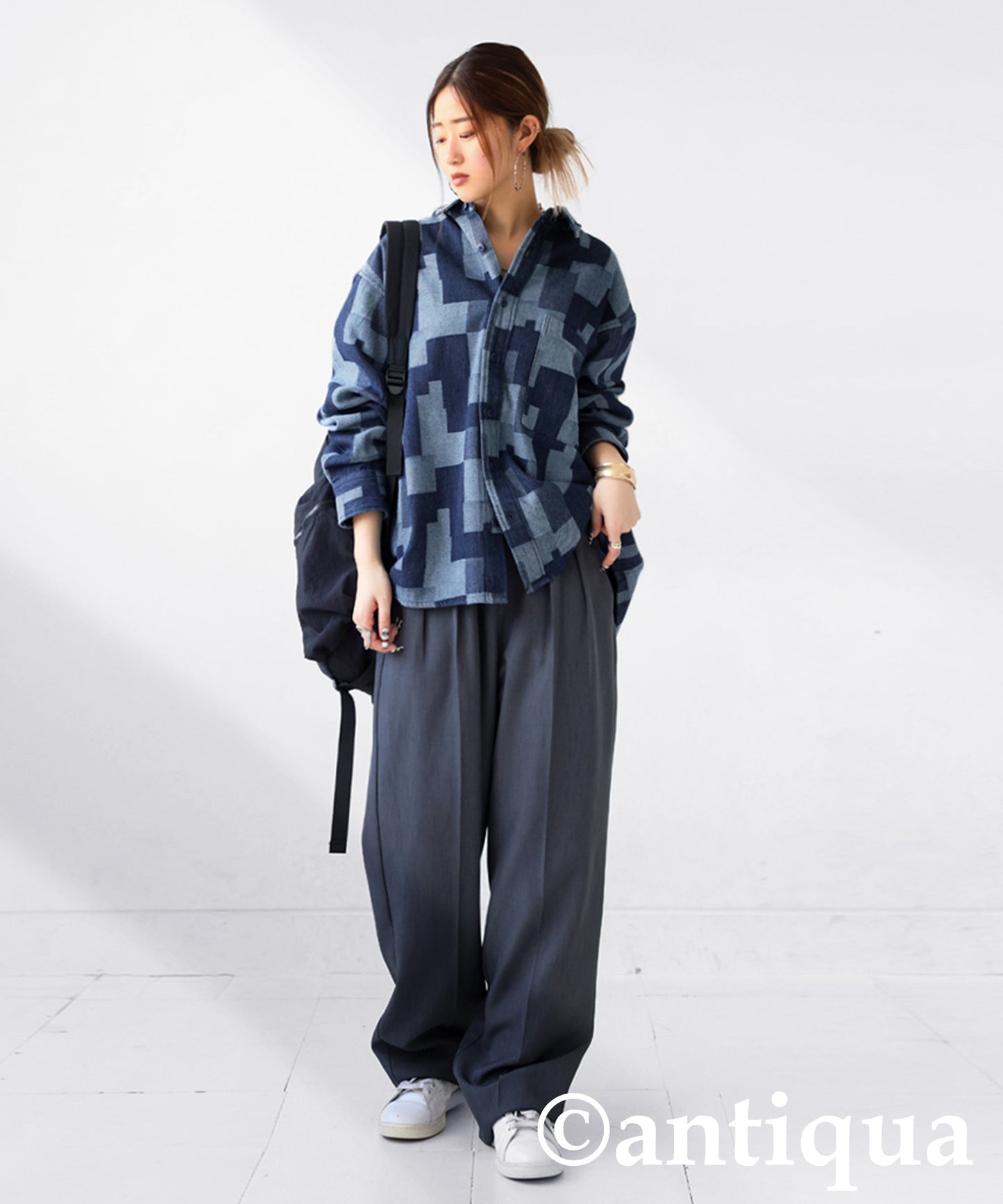 Geometric Pattern Denim Shirt Ladies