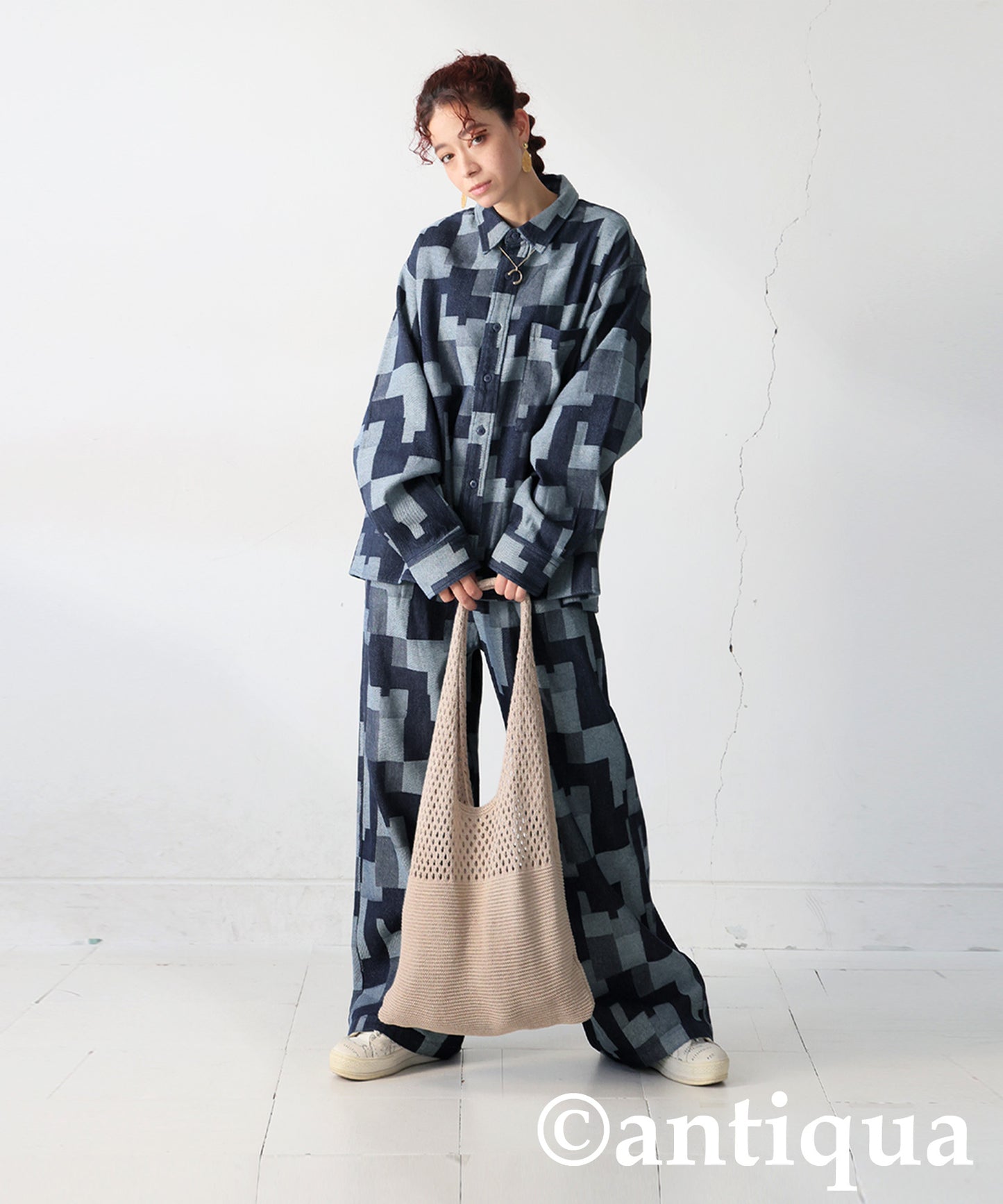 Geometric Pattern Denim Shirt Ladies