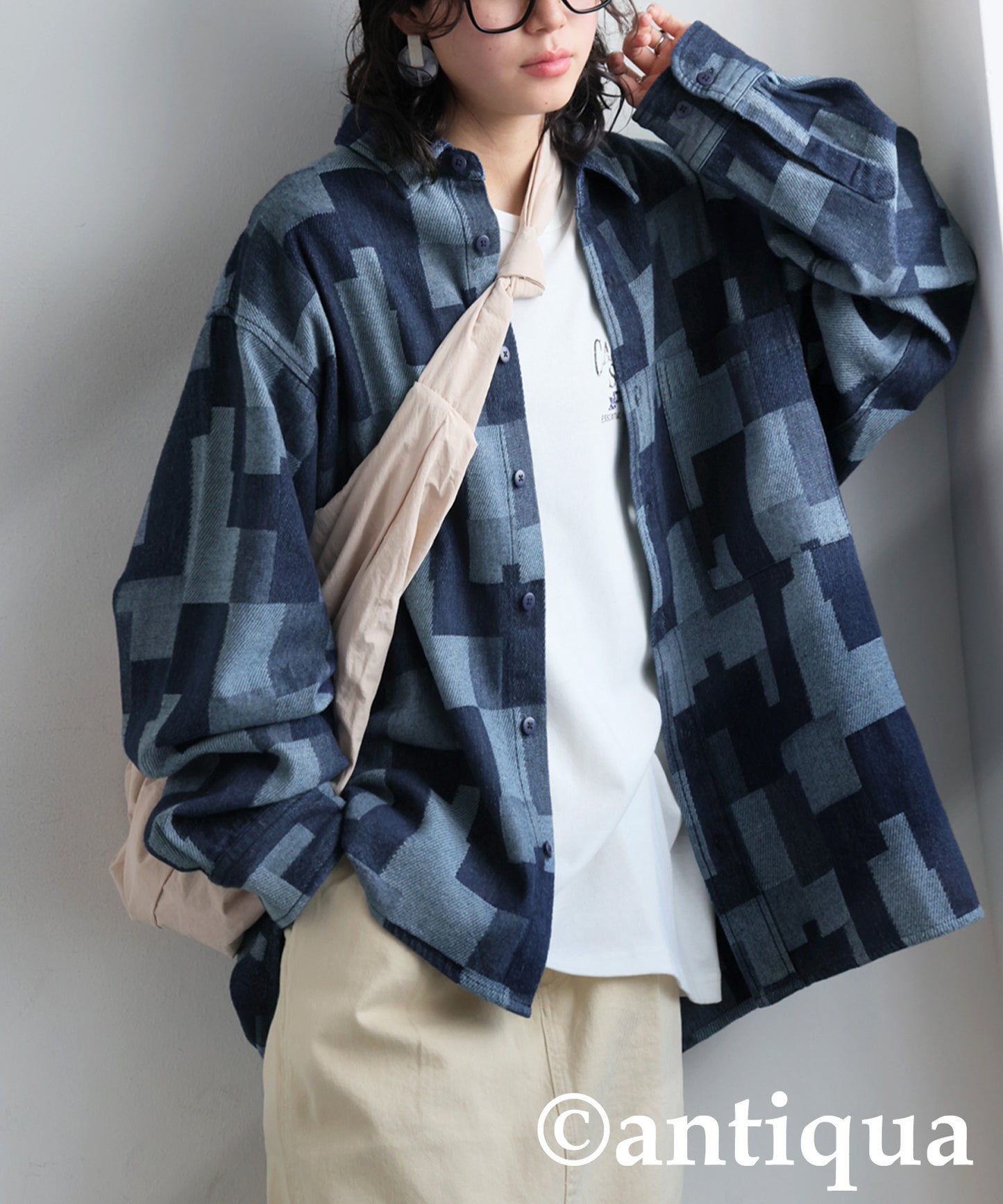 Geometric Pattern Denim Shirt Ladies