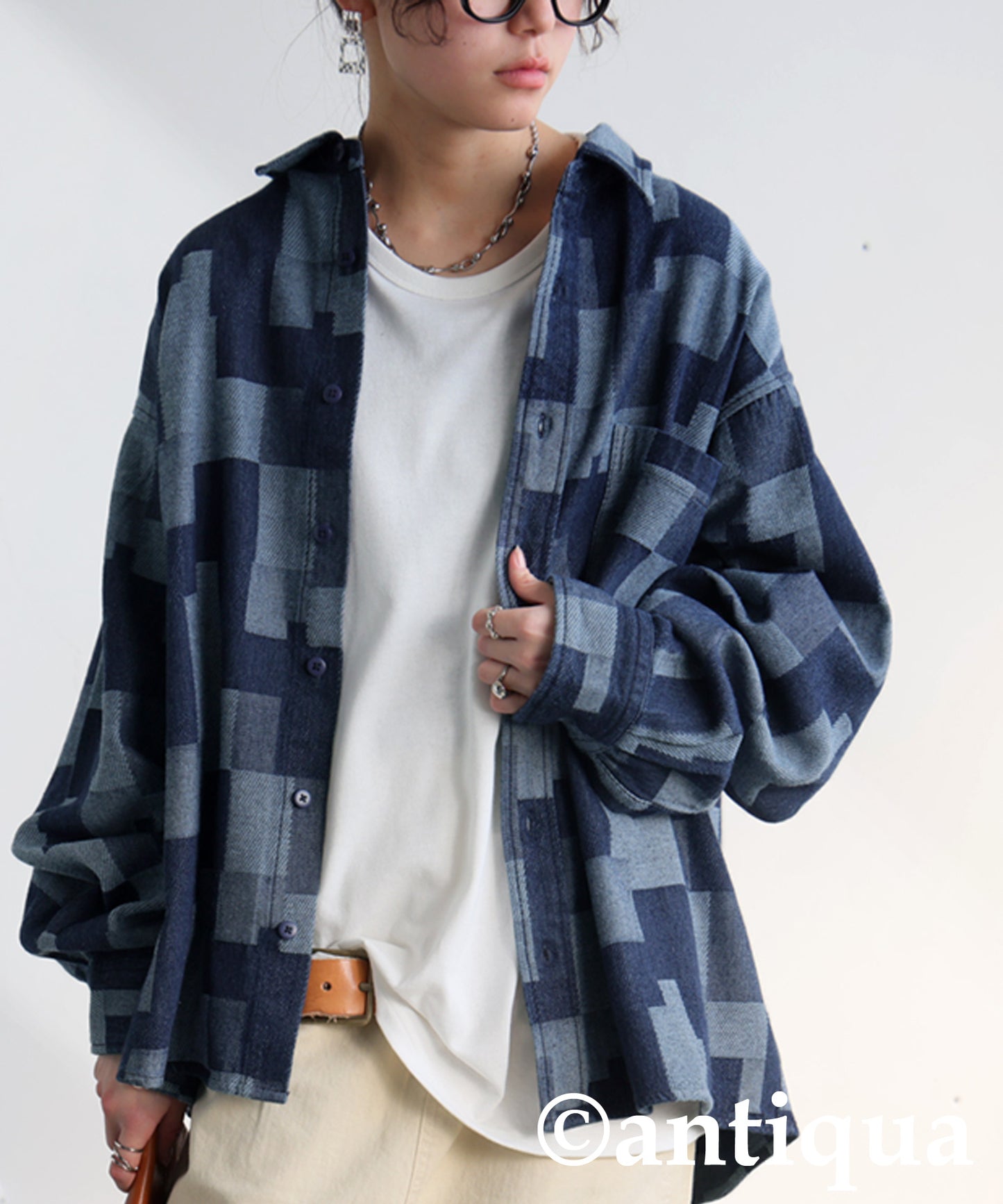 Geometric Pattern Denim Shirt Ladies