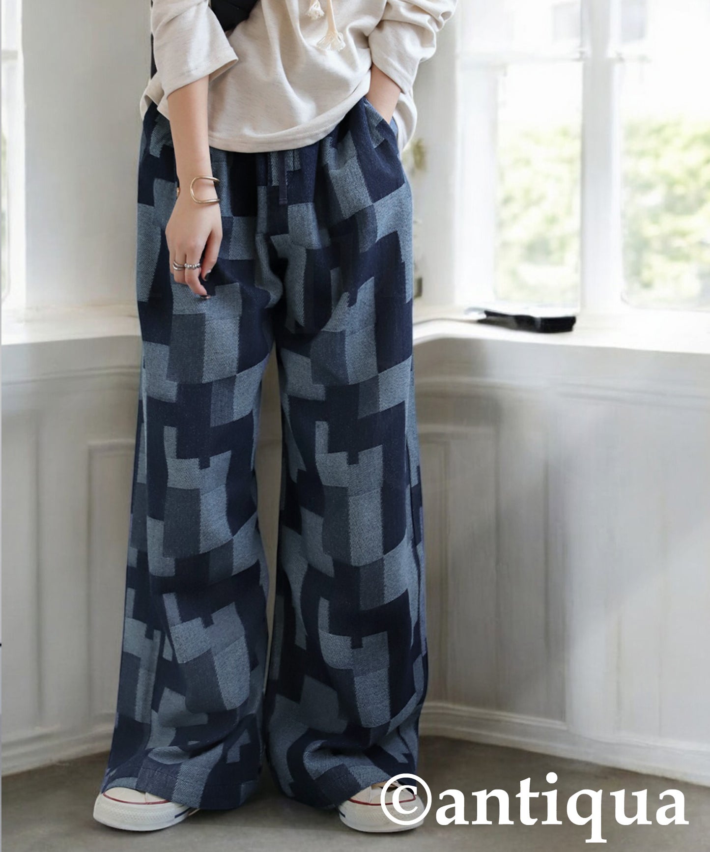 Geometric Pattern Denim Pants Ladies