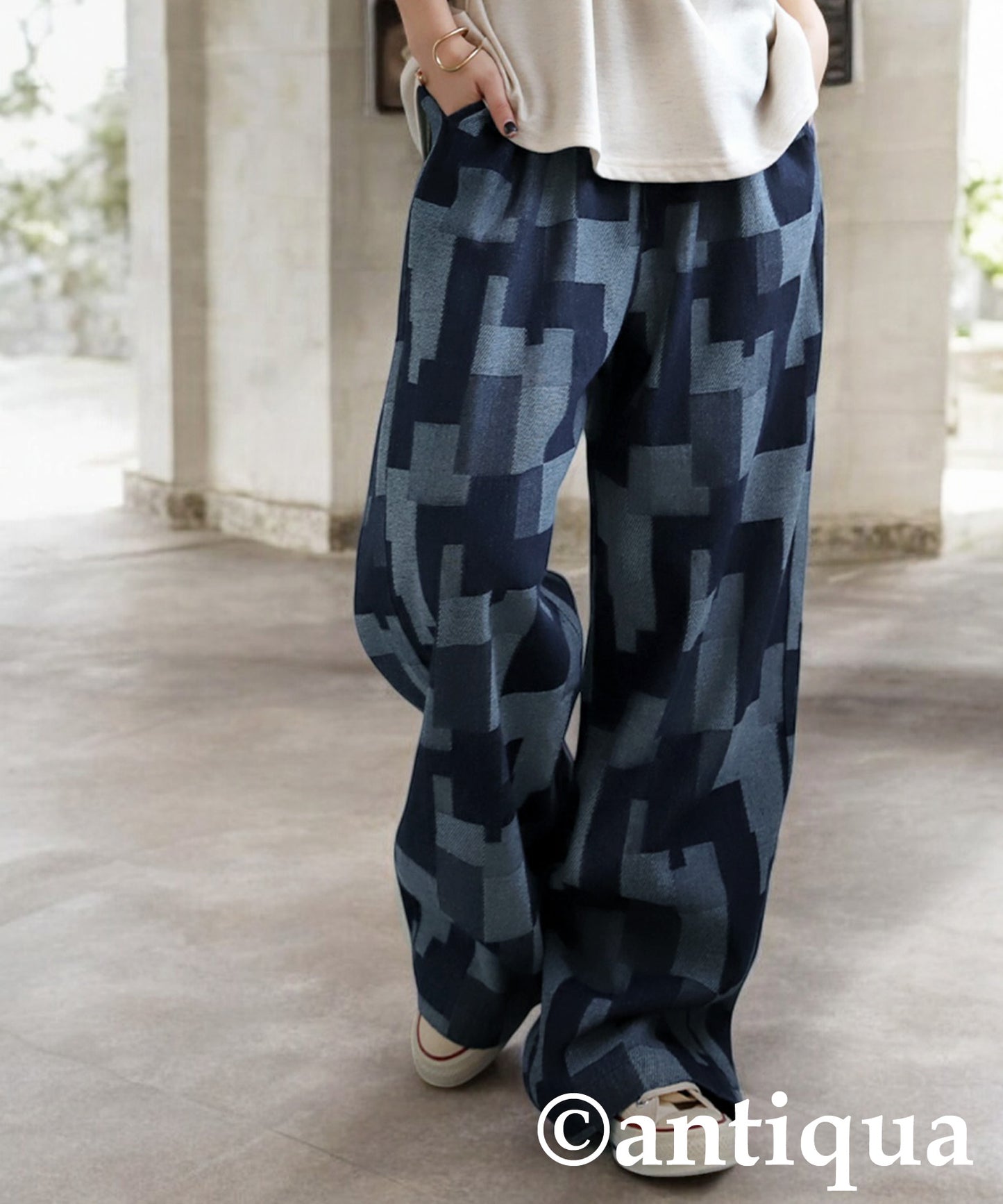 Geometric Pattern Denim Pants Ladies