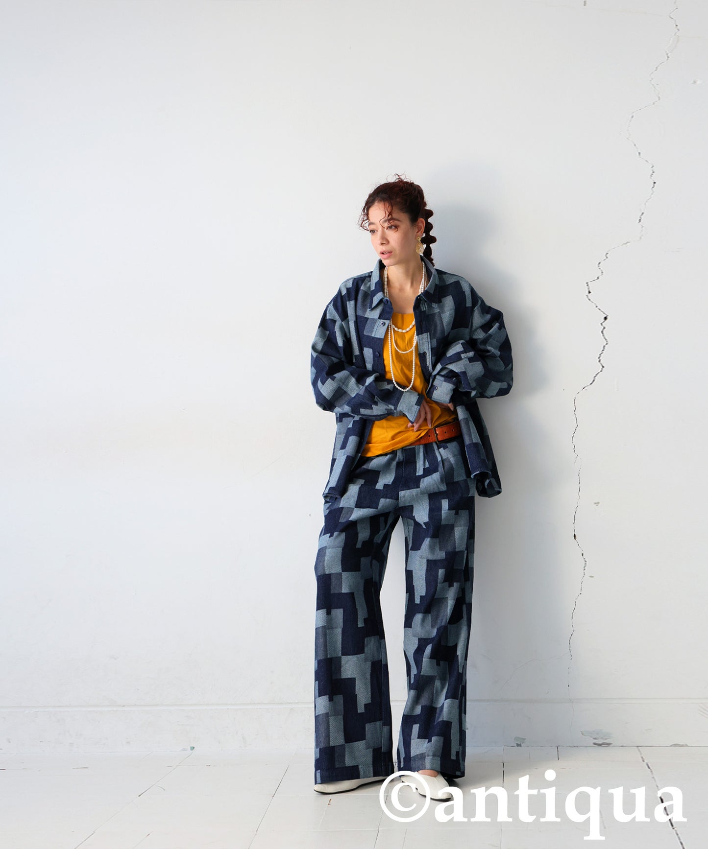 Geometric Pattern Denim Pants Ladies