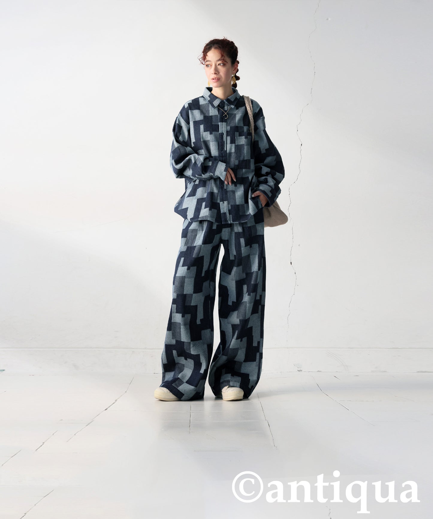 Geometric Pattern Denim Pants Ladies