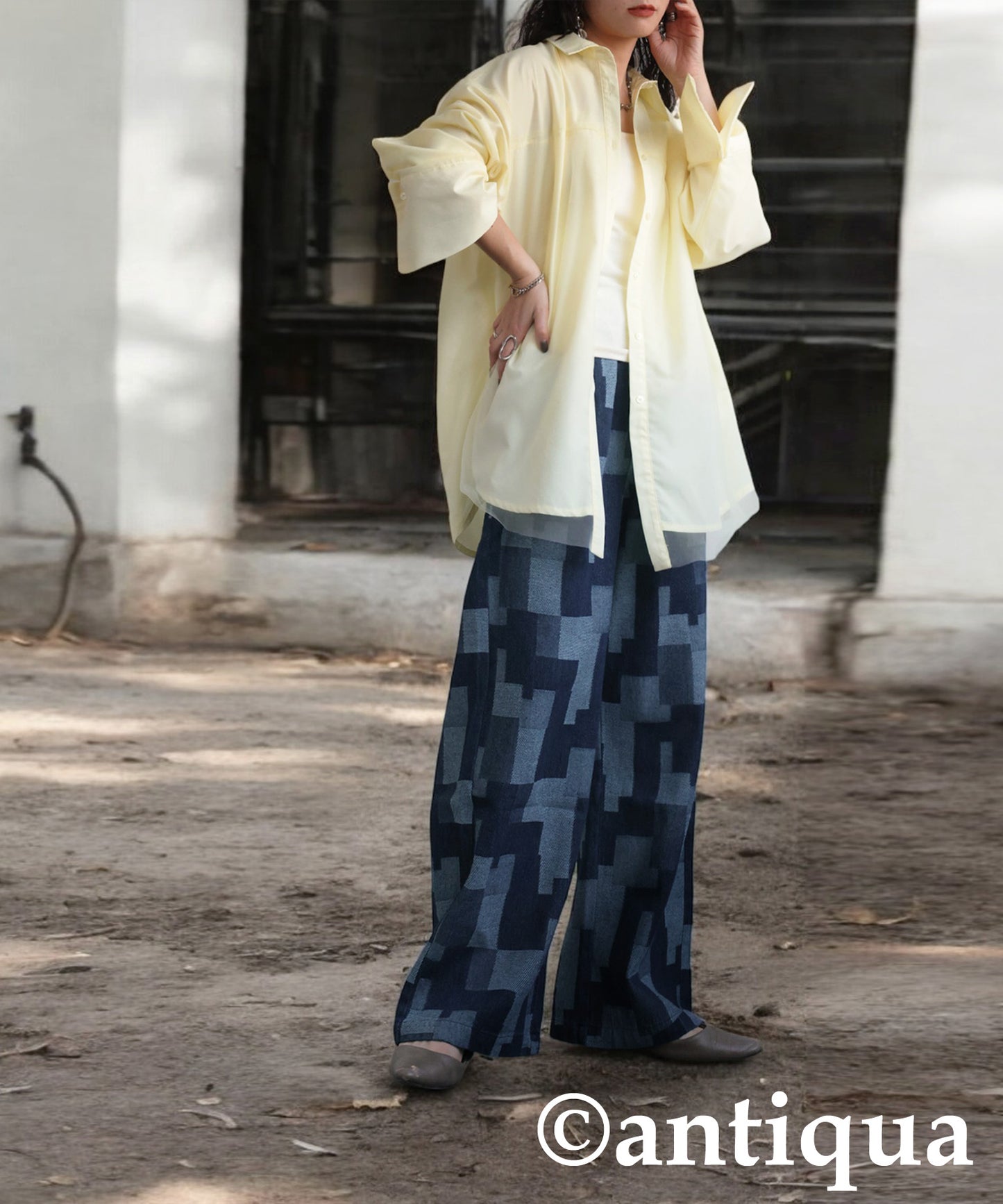 Geometric Pattern Denim Pants Ladies