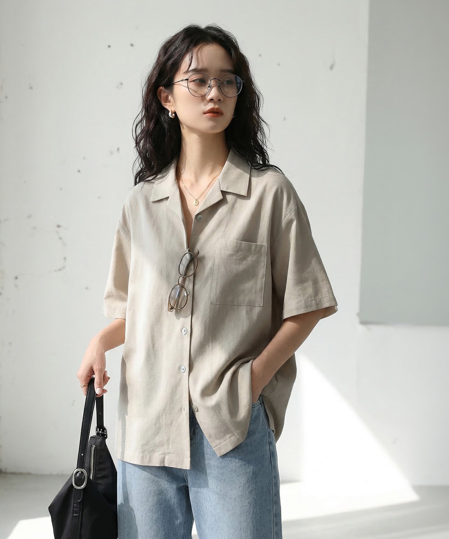 Open-Collar Linen Blend Shirt Ladies