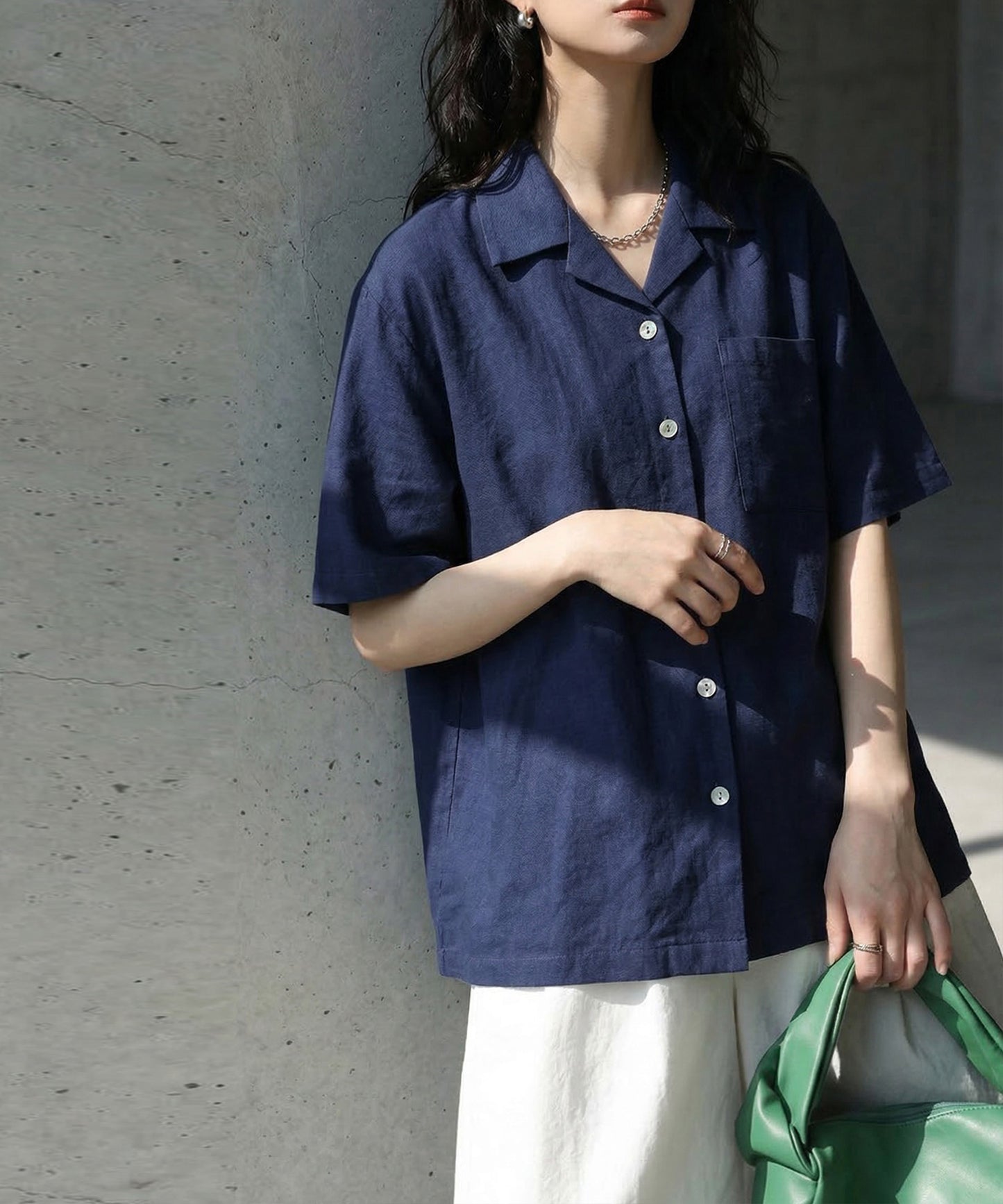 Open-Collar Linen Blend Shirt Ladies