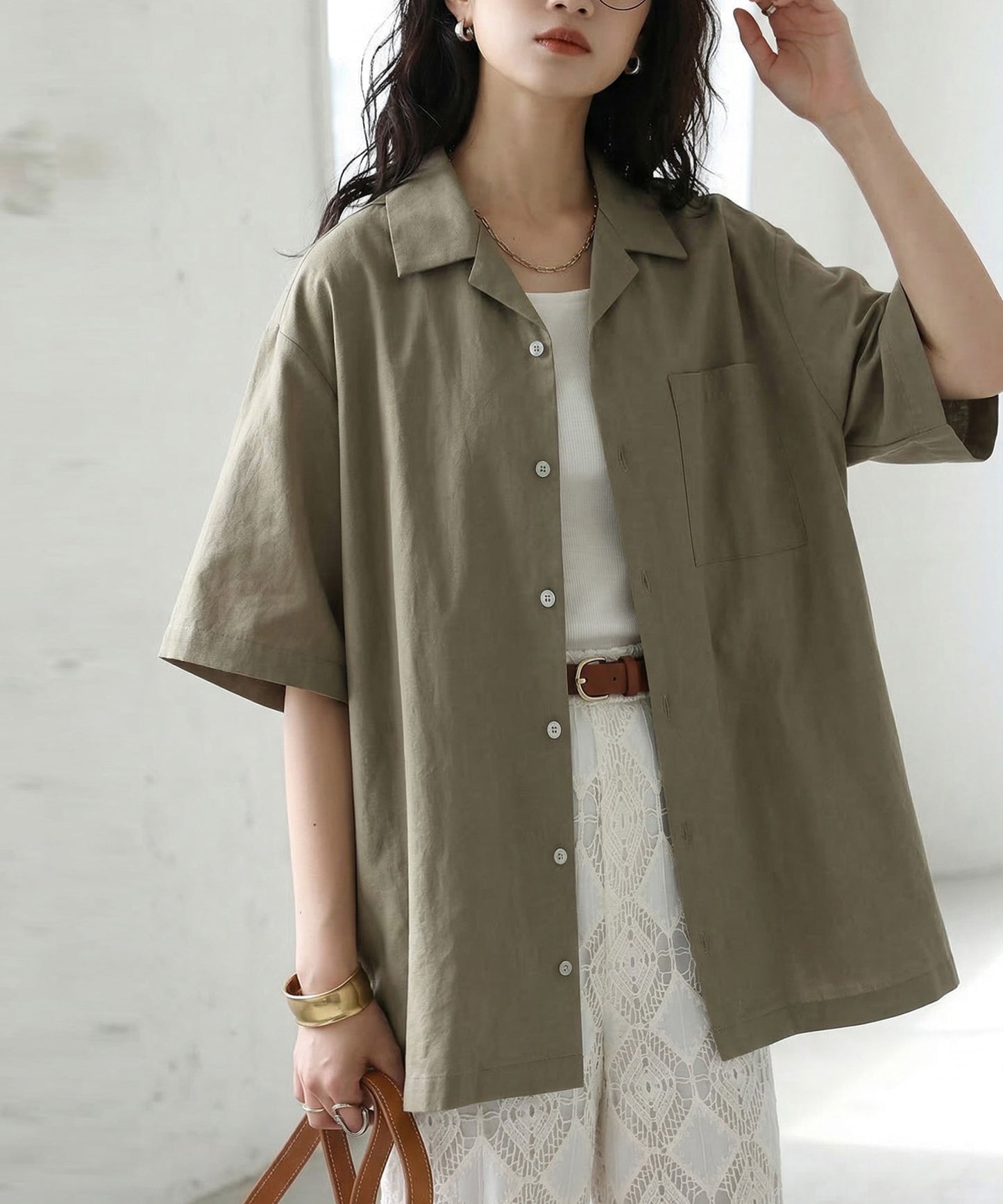 Open-Collar Linen Blend Shirt Ladies