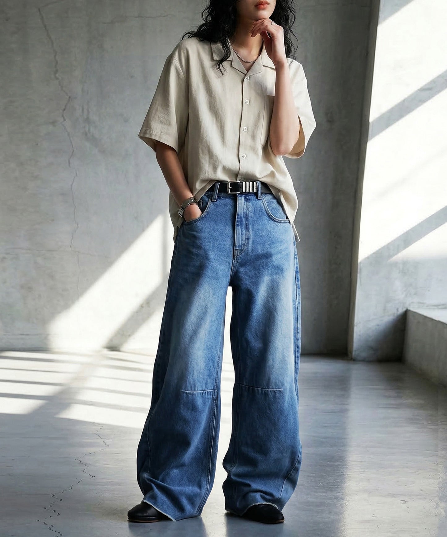 Open-Collar Linen Blend Shirt Ladies